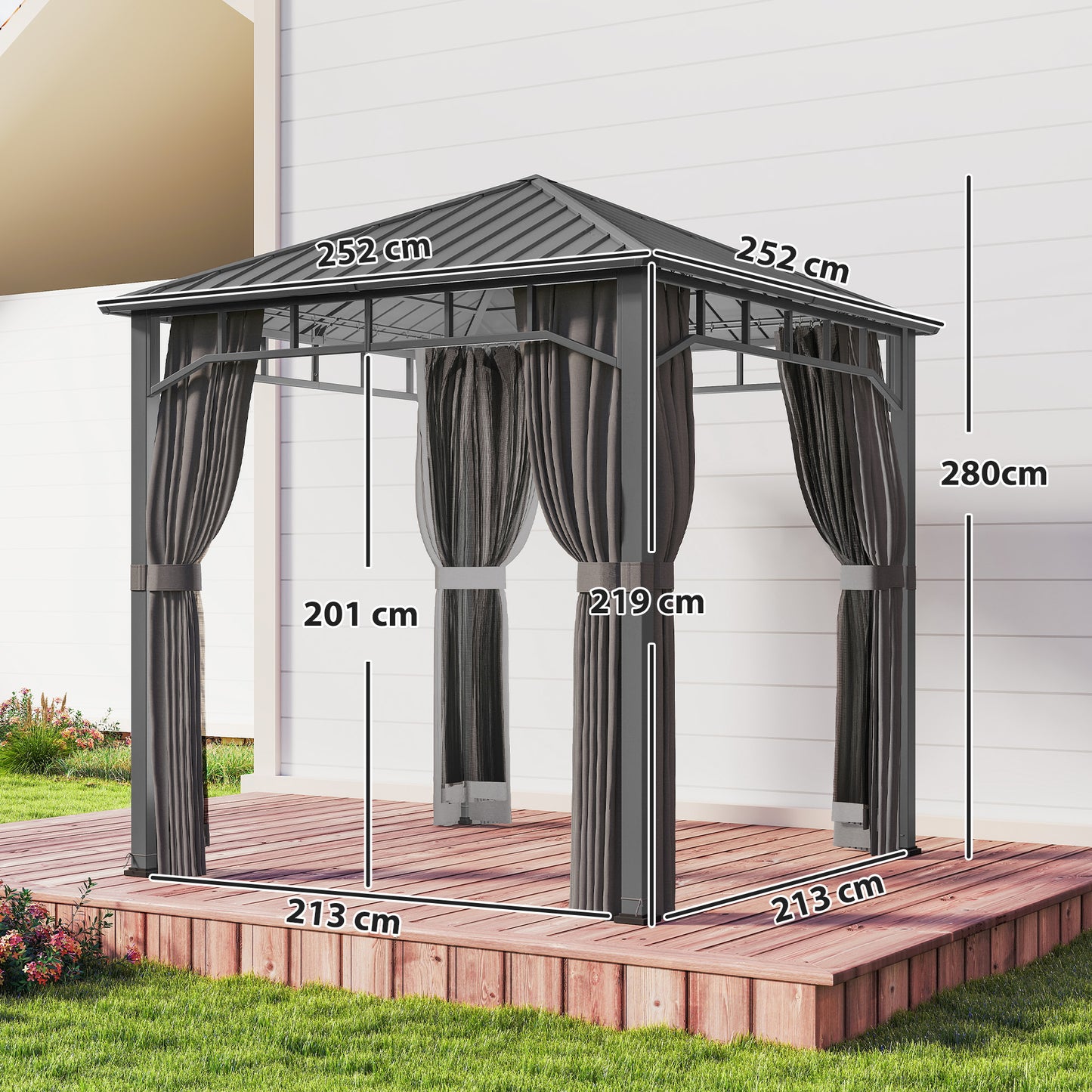 Outsunny 2.5 x 2.5 m Hardtop Gazebo With Galvanised Steel Roof Waterproof Pavilion Netting And Curtains For Patio