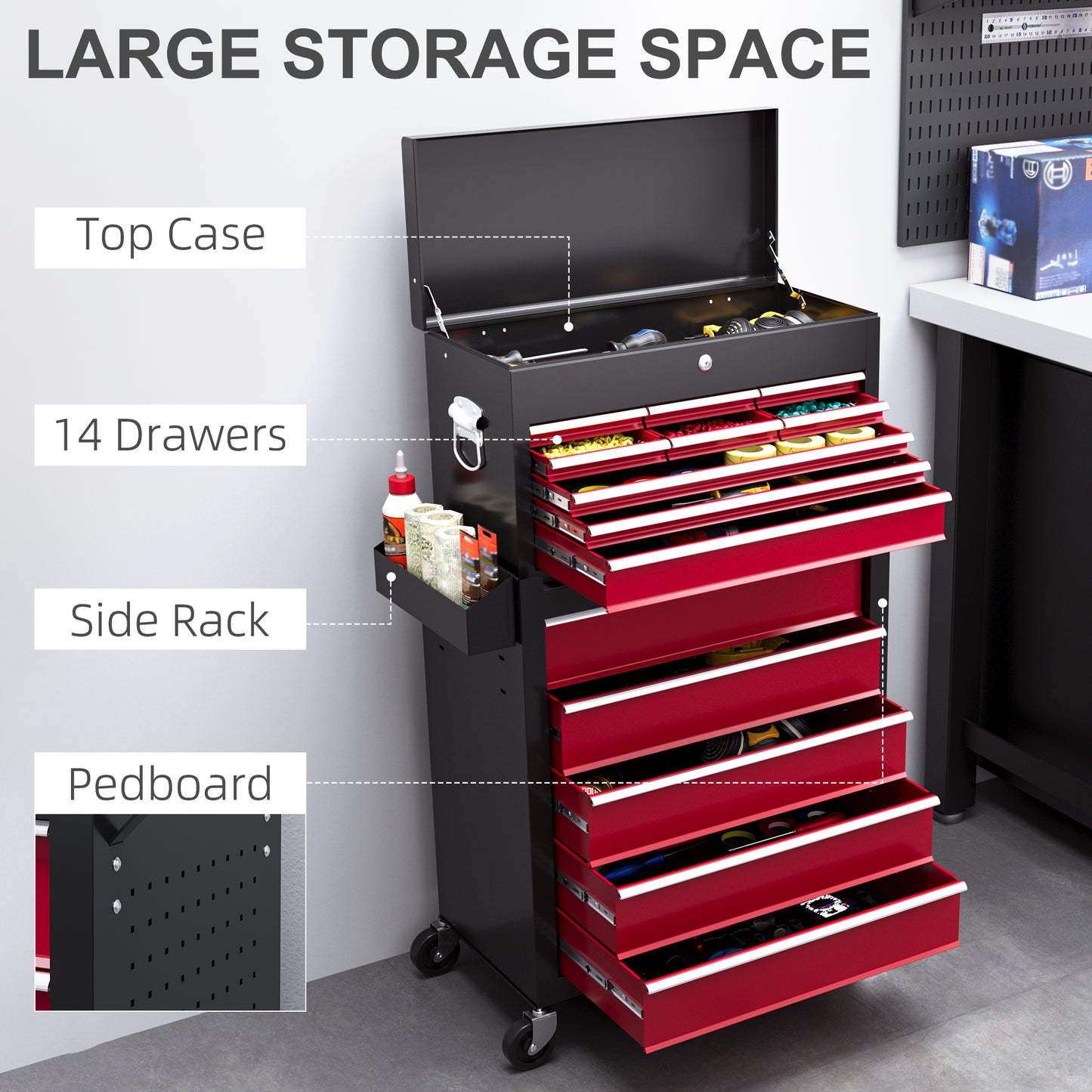 HOMCOM Lockable Rolling Tool Chest with 14 Drawers, Pegboard & Side Rack for Workshop and Home Use - ALL4U RETAILER LTD