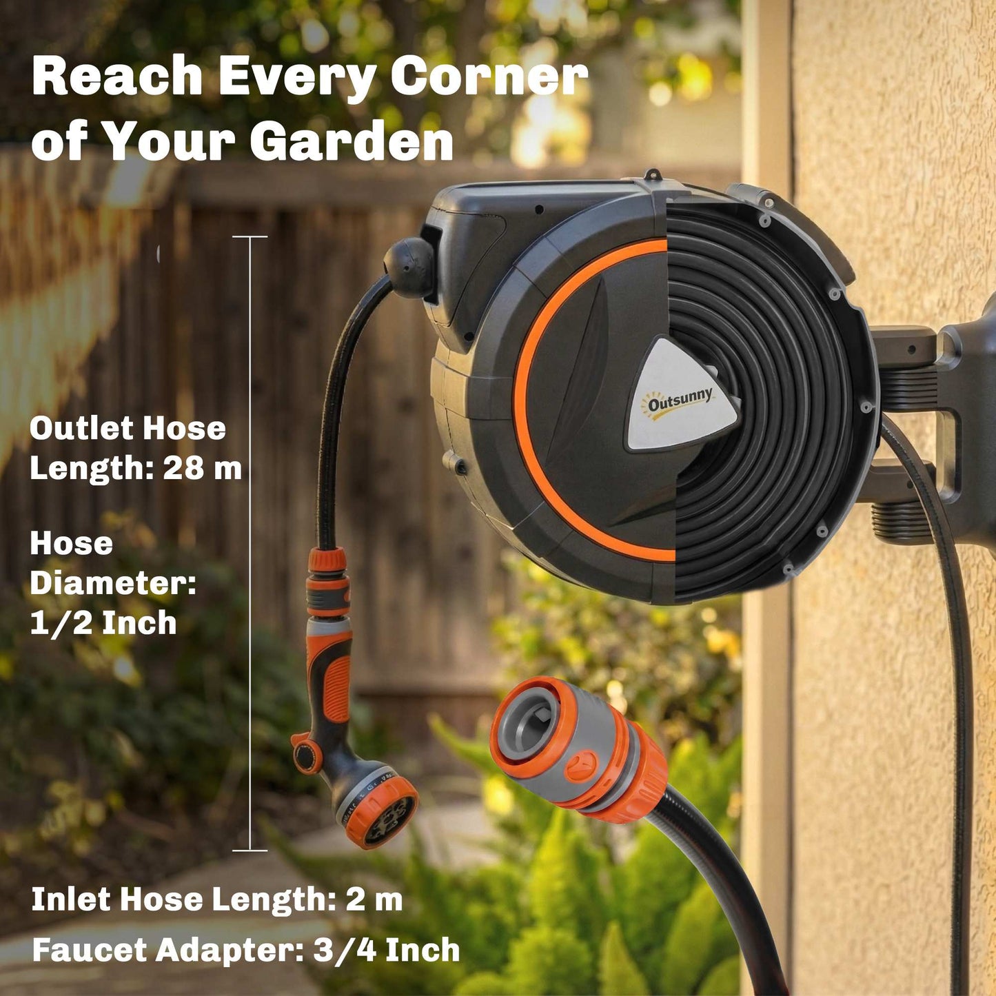 Outsunny Retractable Hose Reel Wall Mounted With Auto Retraction Self Locking Slow Return 12 Pattern Nozzles 30m