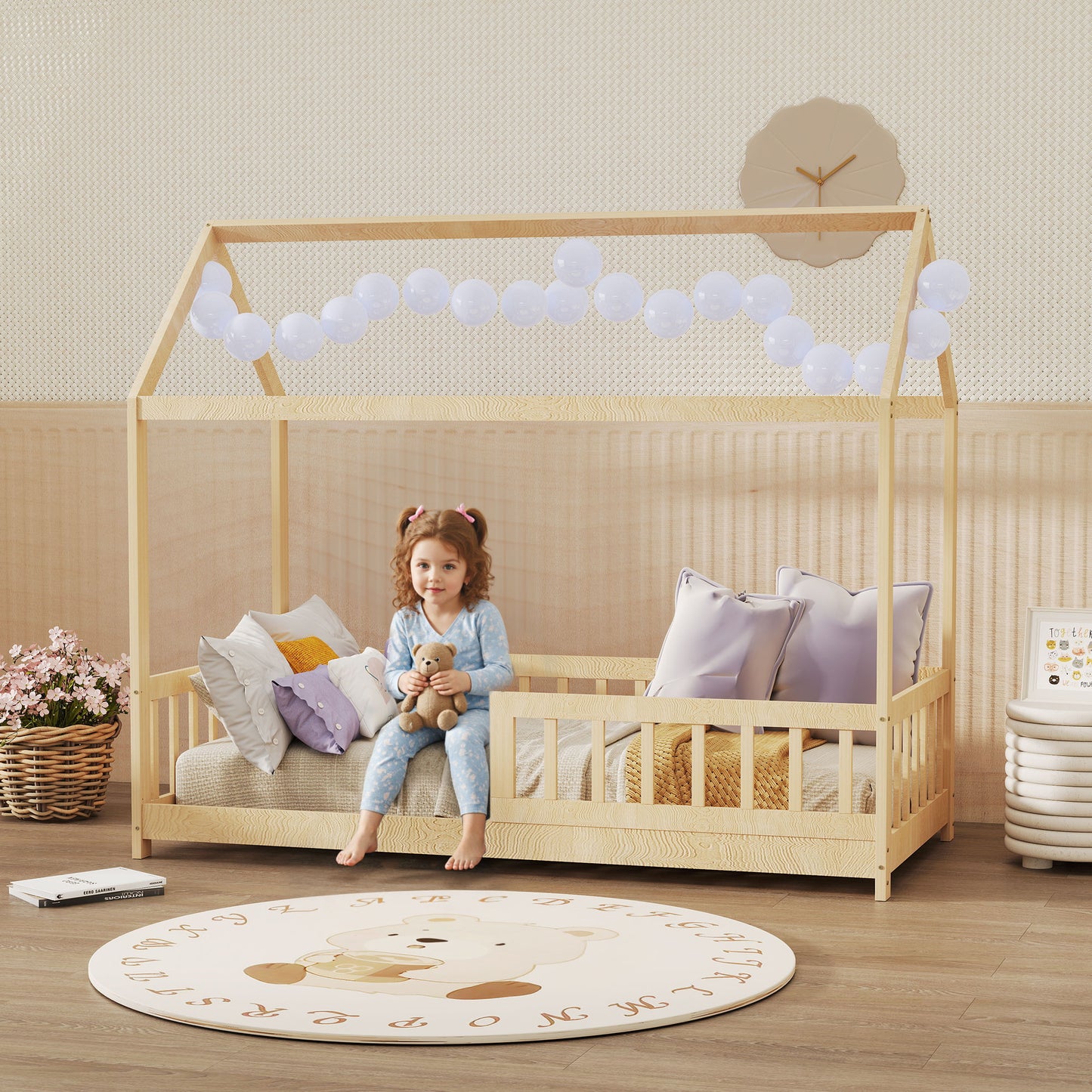 HOMCOM House Shaped Kids Bed Frame With Guard Rails Made From Solid Pine Wood Natural Finish Single Bed