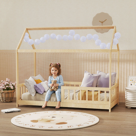 HOMCOM House Shaped Kids Bed Frame With Guard Rails Made From Solid Pine Wood Natural Finish Single Bed
