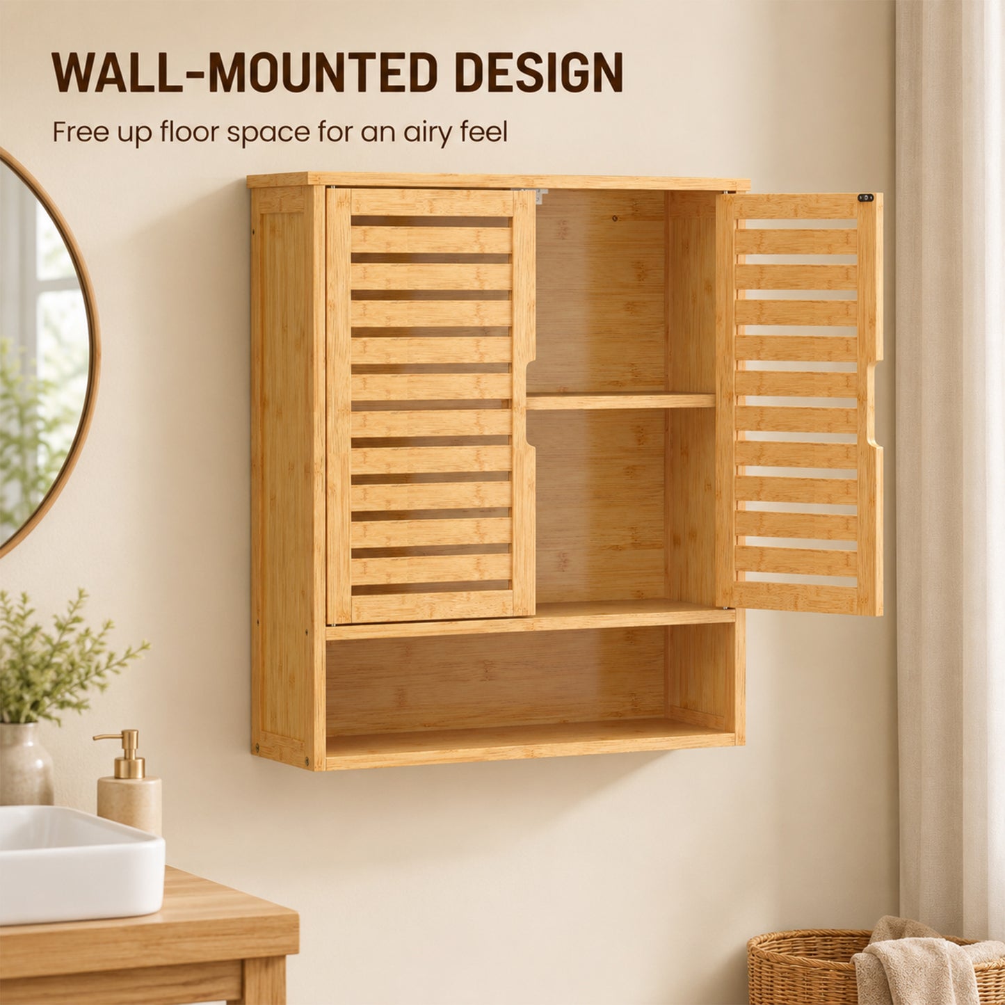 HOMCOM Bathroom Wall Cabinet Wall Mounted With 2 Louvered Doors Open Shelf And Adjustable Shelf Storage