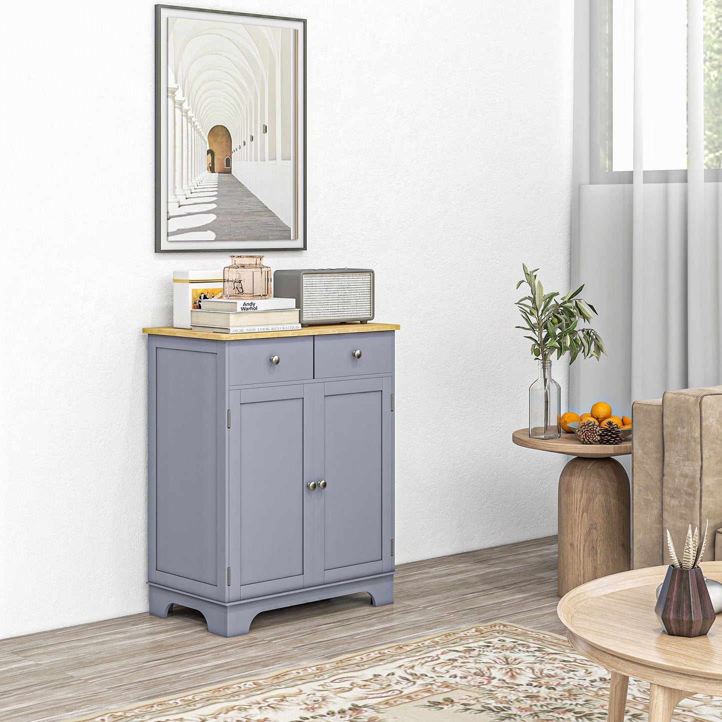HOMCOM Side Storage Sideboard Table Kitchen Floor Cabinet With Solid Wood Top Drawer And Adjustable Shelf Grey