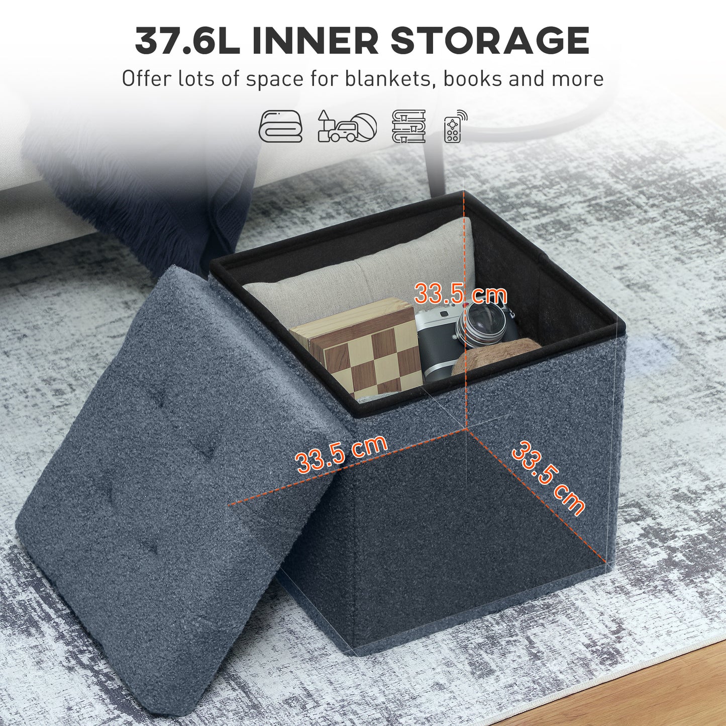HOMCOM Foldable Sherpa Fleece Storage Ottoman Blue With High Density Foam For Space Saving Living Room Organization