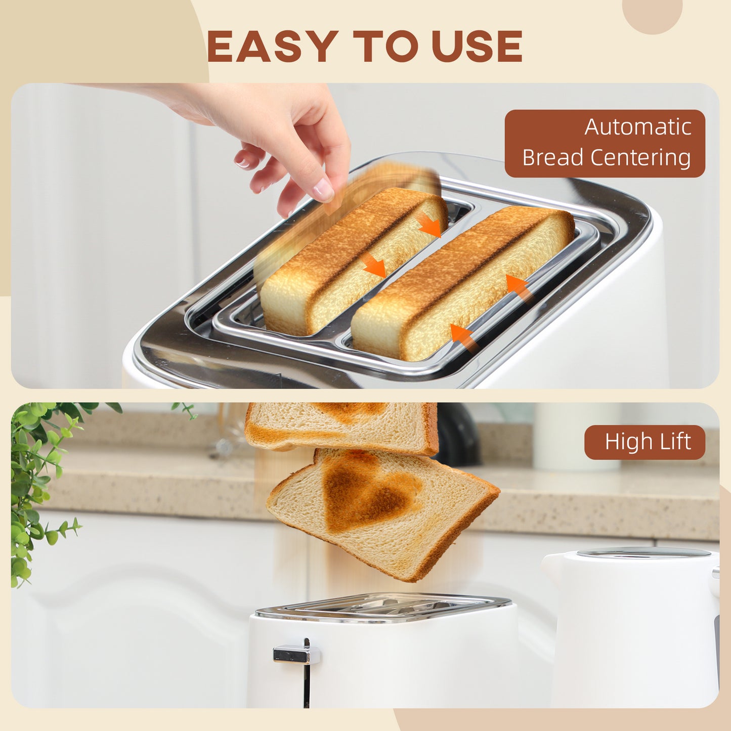 HOMCOM Kettle and Toaster Set 1.7L 3000W Boil Kettle and 2 Slice Toaster White with 6 Browning Levels Defrost Reheat