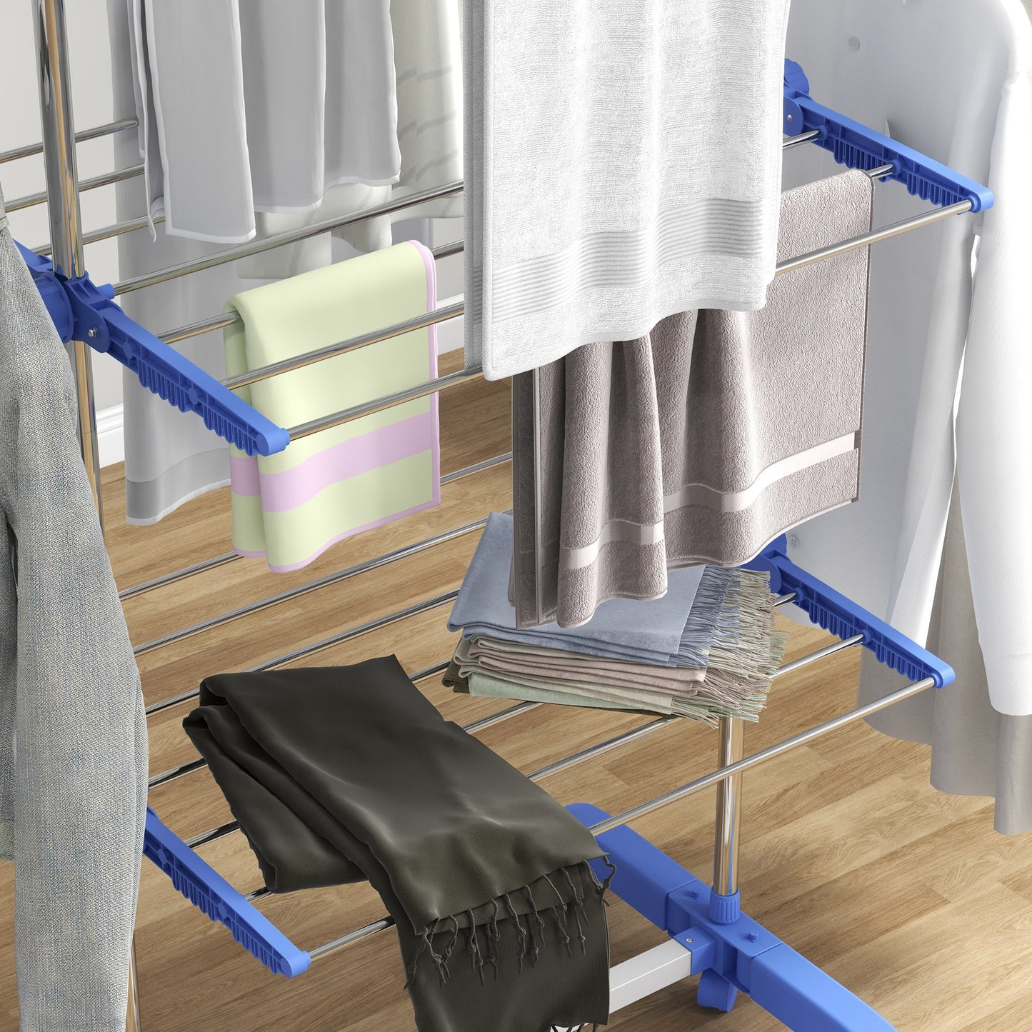HOMCOM Three Shelf Collapsible Clothes Horse With Side Arms And Wheels In Blue For Easy Drying
