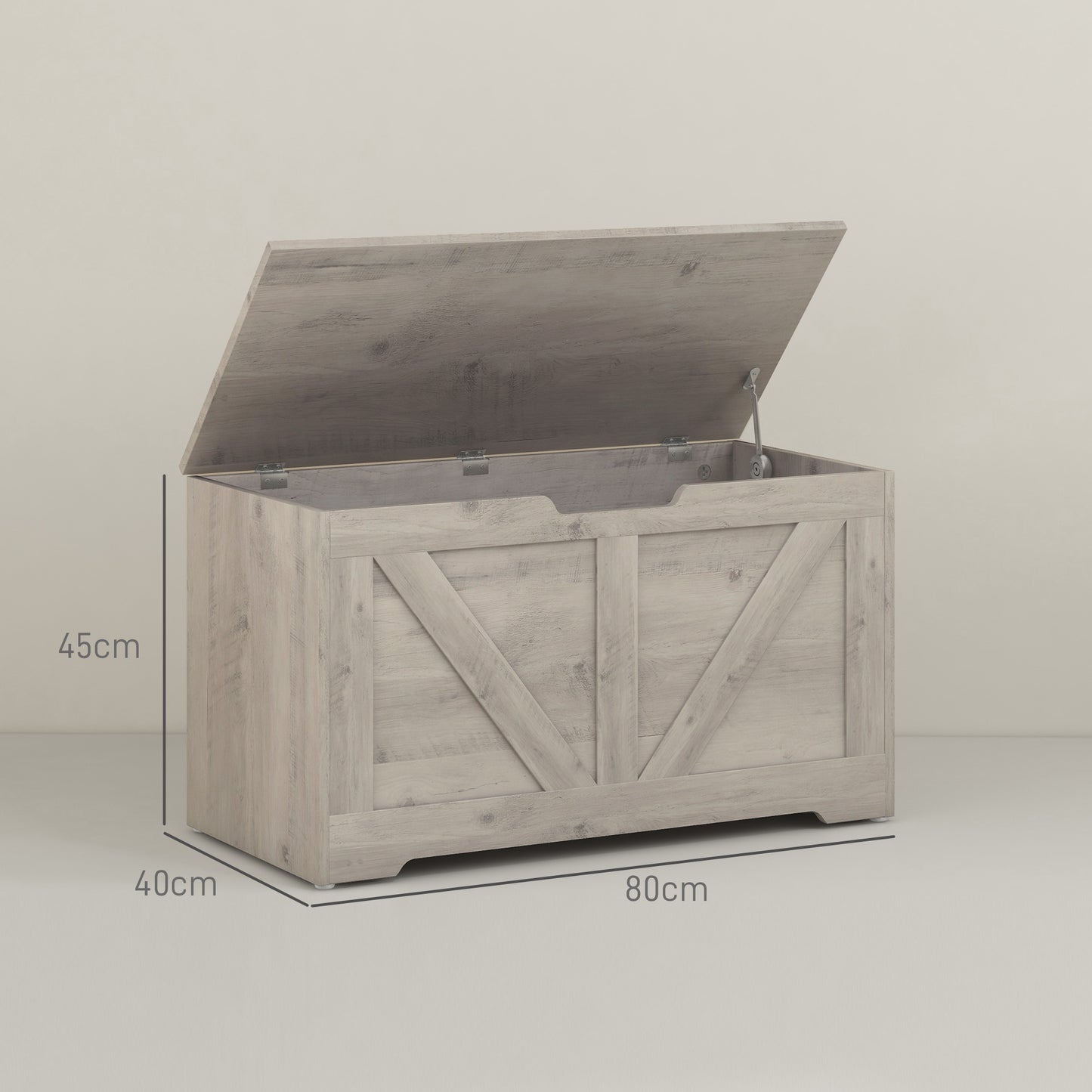 HOMCOM 100L Grey Wood Effect Storage Ottoman With Safety Hinges And Flat Lid Perfect For Blankets And Cushions