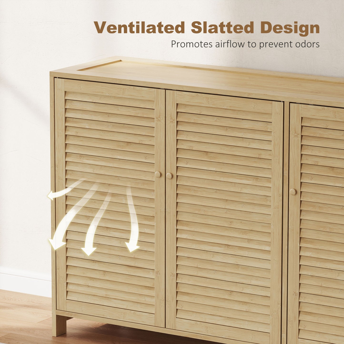 HOMCOM Bamboo Shoe Cabinet With Louvered Doors Natural Finish 18 Pair Shoe Storage With Adjustable Shelves For Hallway