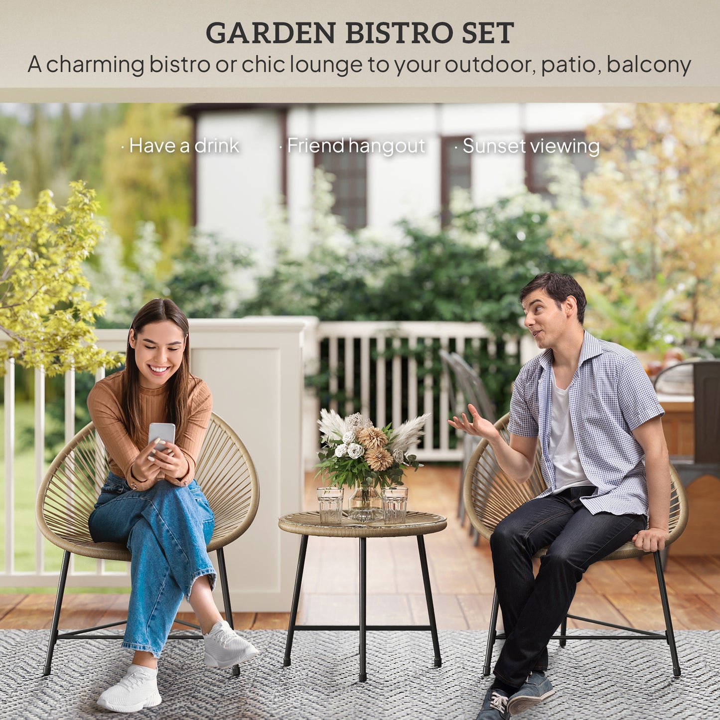 Outsunny Three Piece Rattan Bistro Set With Acapulco Chairs And Glass Top Table For Outdoor Patio Balcony Natural