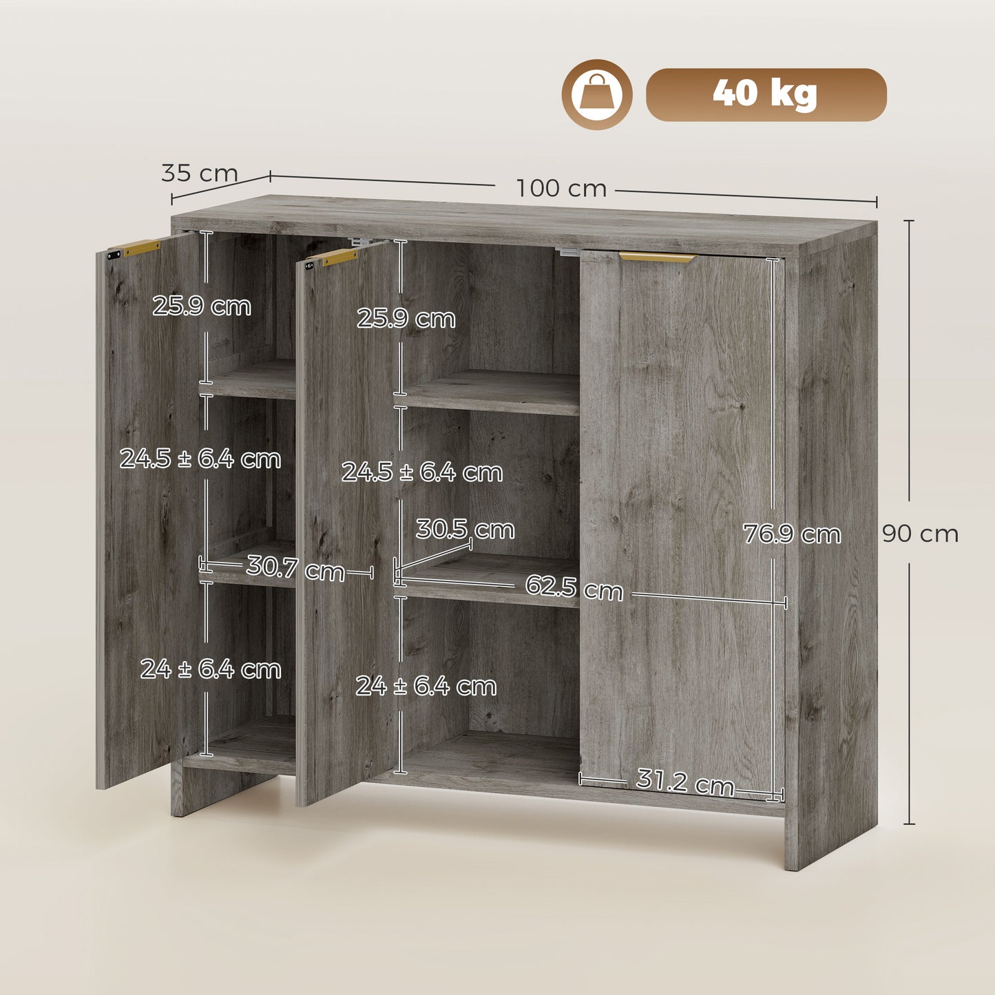Homcom Sideboard Storage Cabinet With 3 Doors Adjustable Shelves Grey