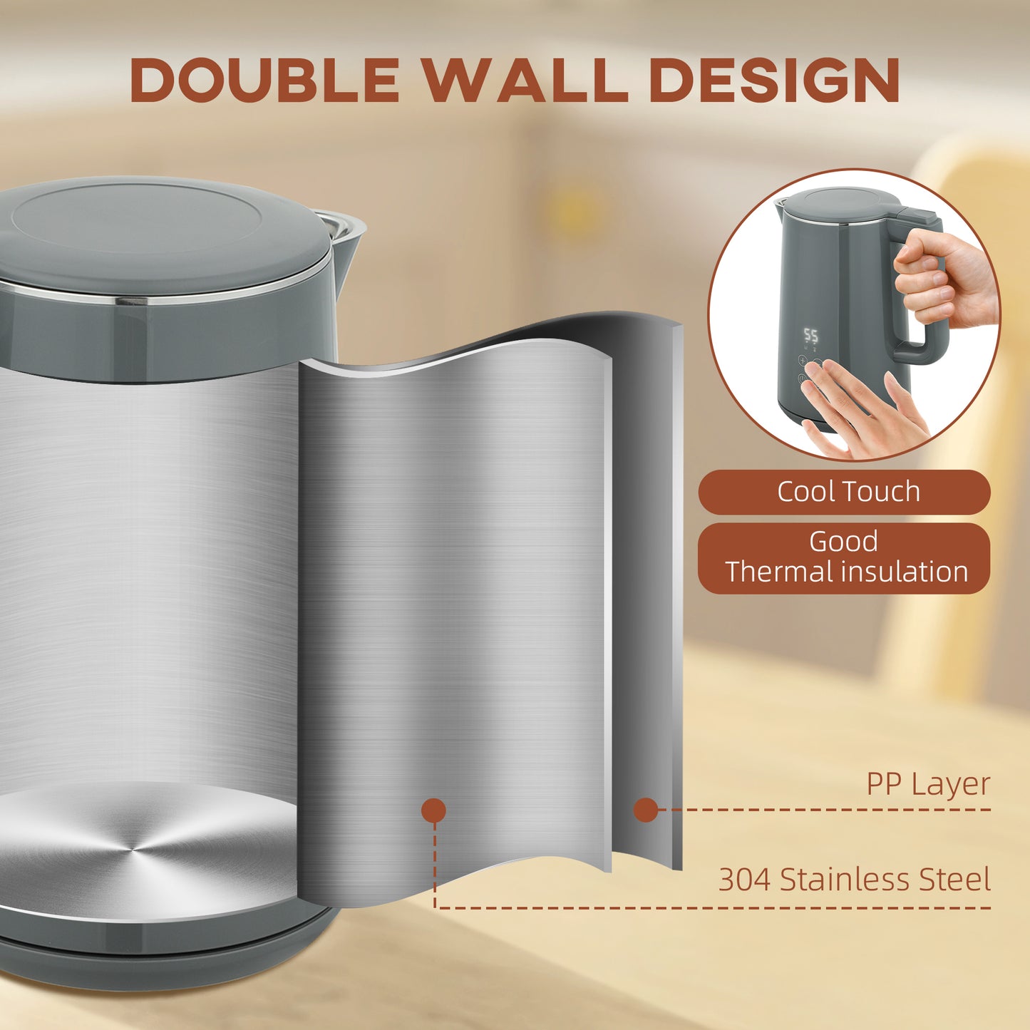 HOMCOM Digital Stainless Steel Kettle And Toaster Set 1.5L 3000W Boil Kettle And 2 Slice Toaster With 7 Browning Levels Grey
