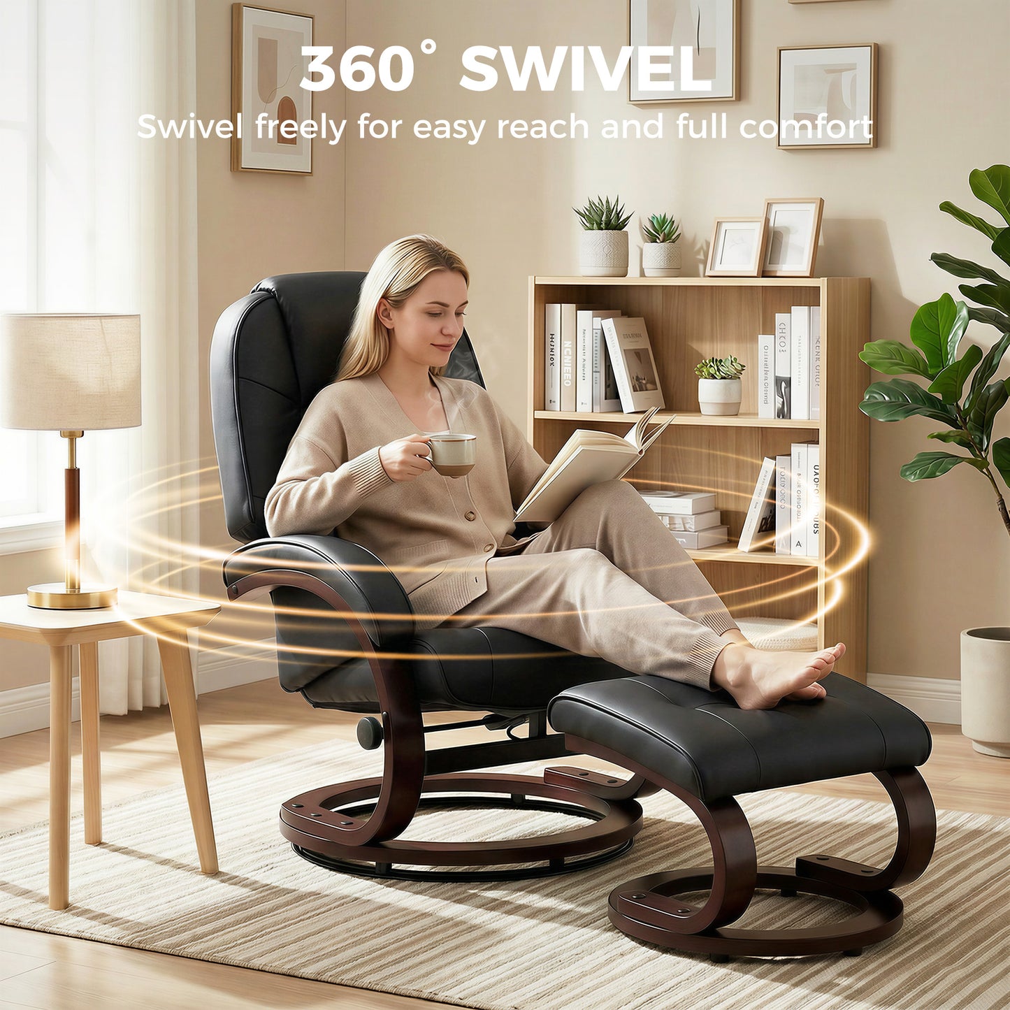 HOMCOM Swivel Recliner Chair With Footstool PU Leather Adjustable Back Wood Frame Black