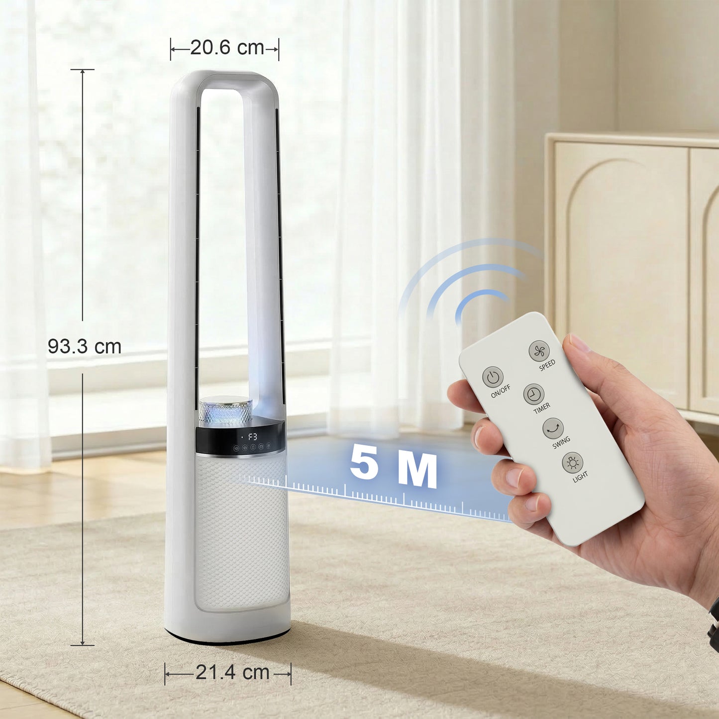 HOMCOM Bladeless Tower Fan 36dB Quiet Oscillating Cooling Fan With LED Lights 3 Speeds 12H Timer Remote Control