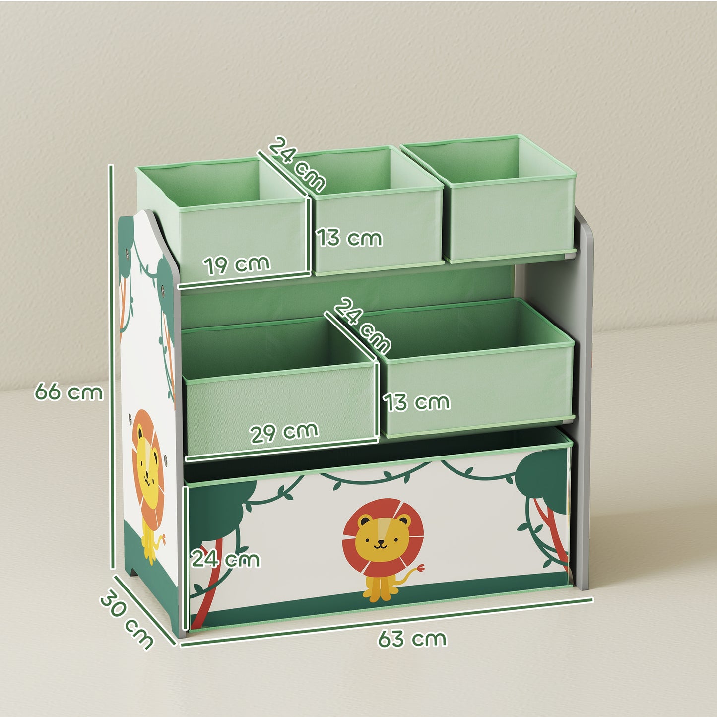 AIYAPLAY 3 Tier Kids Toy Storage Units With Six Removable Boxes Toy Organizer Shelf For Bedroom And Playroom Green