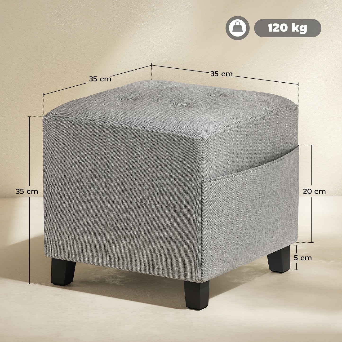 HOMCOM Square Footstool With Side Pocket Storage Ottoman Linen Fabric Footrest 35x35x35 cm Light Grey