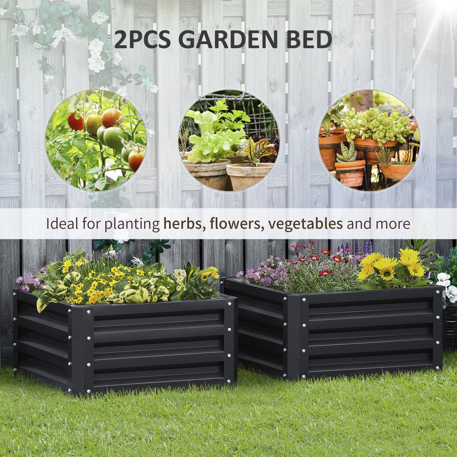 Outsunny Set of 2 Raised Garden Bed, Outdoor Elevated Galvanised Planter Box for Flowers, Herbs, 60x60x30.5cm, Grey - ALL4U RETAILER LTD