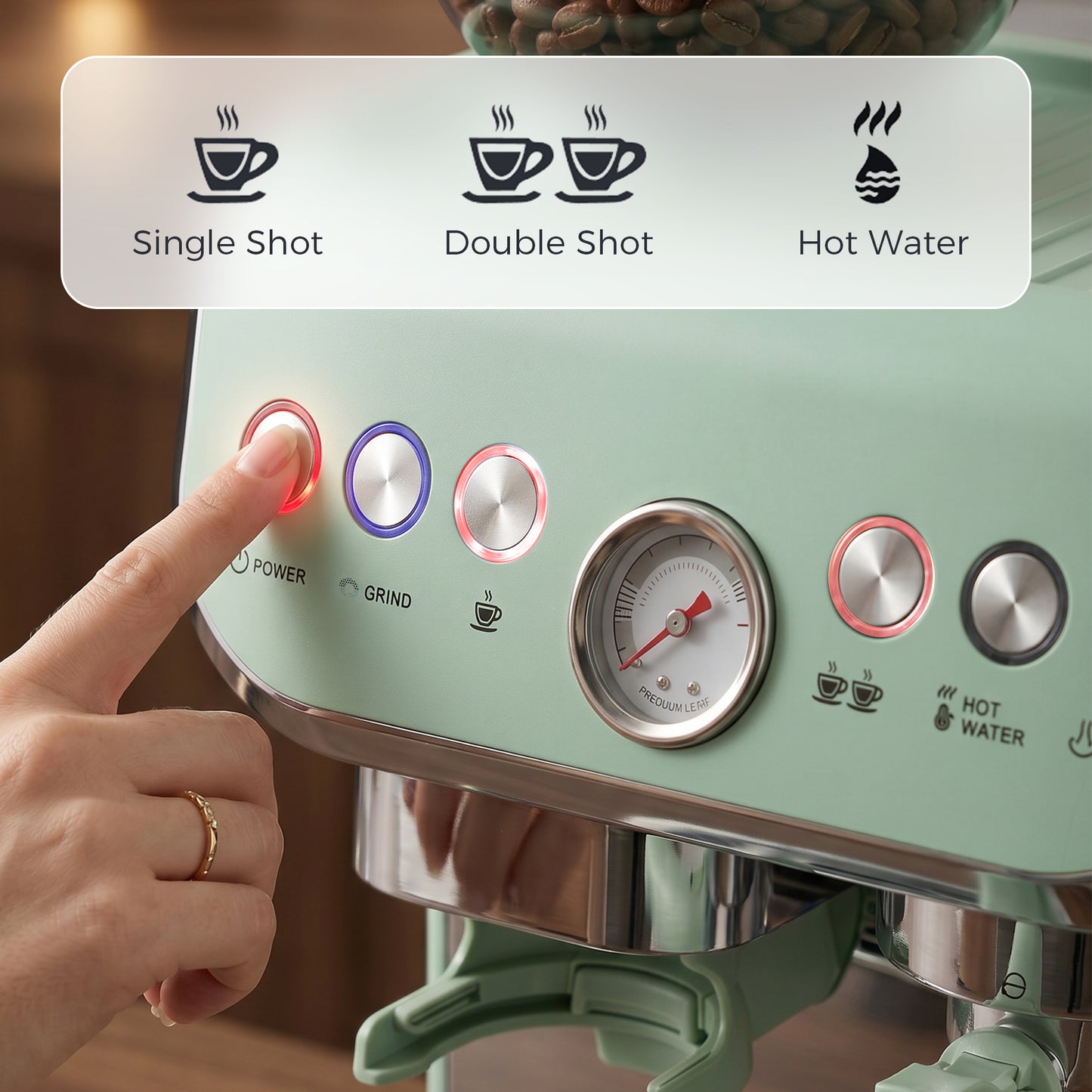 HOMCOM Bean To Cup Coffee Machine With Integrated Grinder And Steam Wand 15 Bar Pressure Light Green