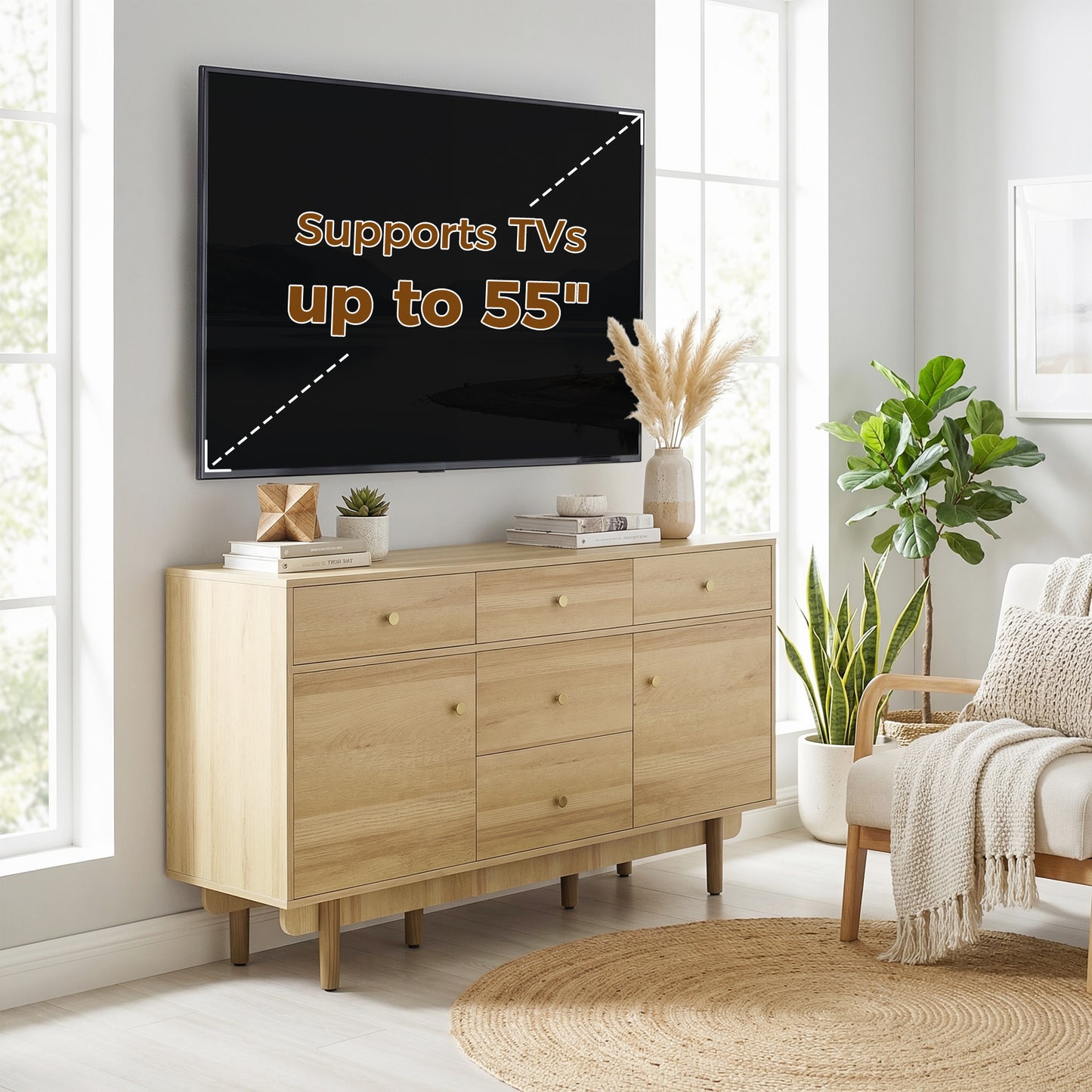 HOMCOM Walnut Sideboard With Five Drawers And Two Cabinets Solid Wood Legs 136 cm Buffet