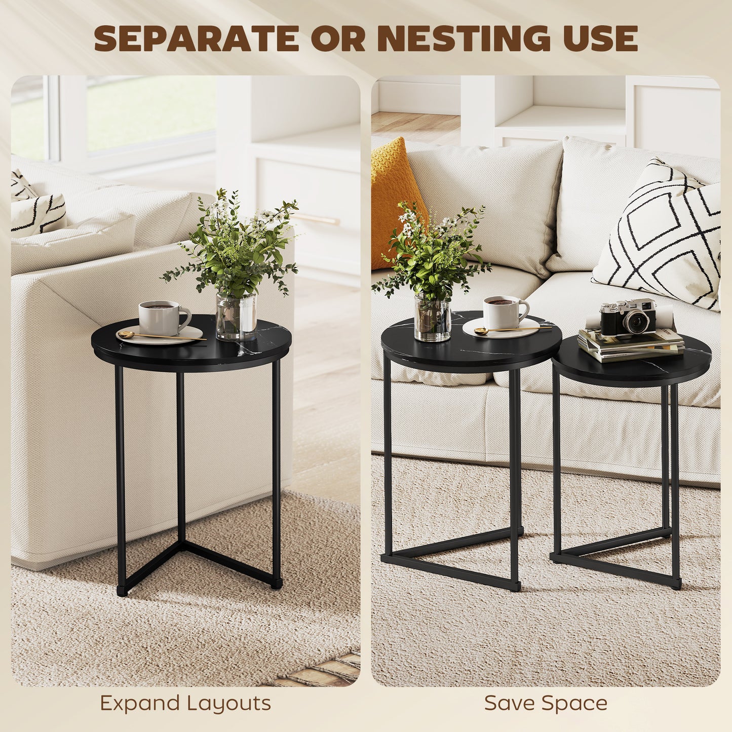 HOMCOM Set Of Two Marble Effect Nest Of Tables With Small And Large Tables Black Frame For Lounge Hallway
