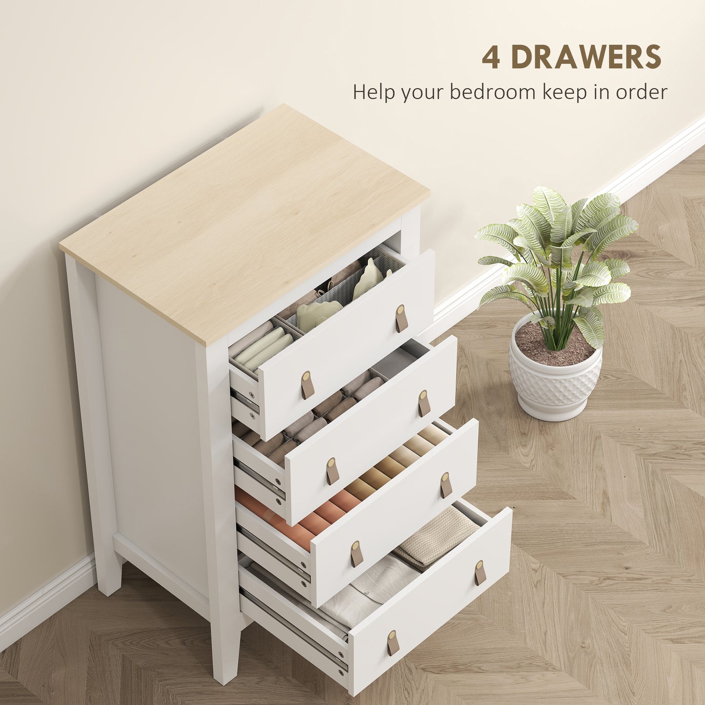 HOMCOM 4 Drawer Chest Of Drawers White With PU Leather Handles And Metal Runners 60 X 40 X 98 Cm Bedroom Furniture