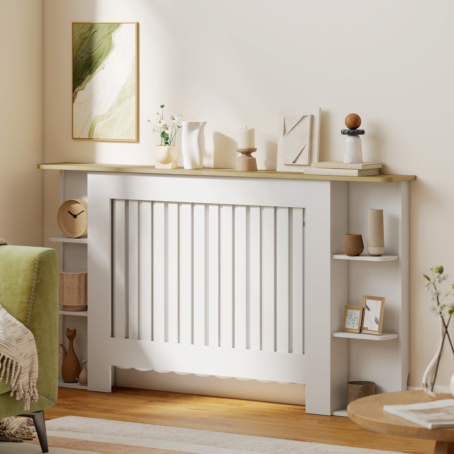 HOMCOM Radiator Cover With Open Storage Shelves Vertical Slatted Cabinet Heater Cover For Living Room Hallway White