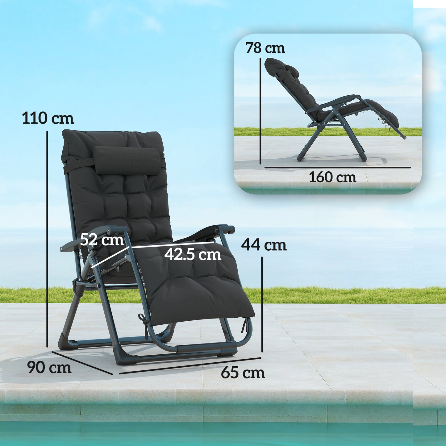 Outsunny 2 Piece Reclining Zero Gravity Sun Loungers With Cushions For Outdoor Patio Deck And Garden Black