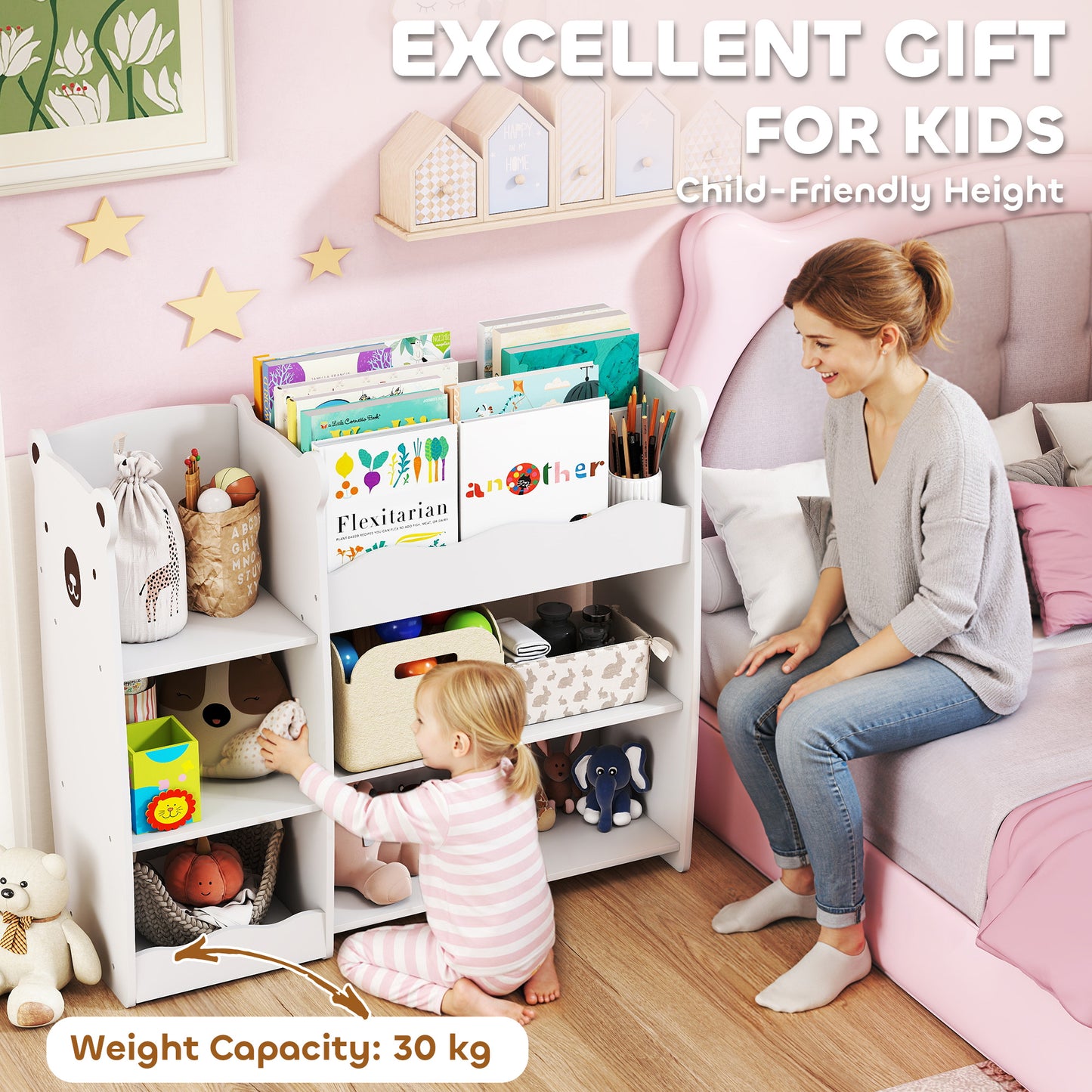 AIYAPLAY Bear Design Kids Toy Storage Unit Bookshelf And Organizer For Bedroom Nursery Playroom White
