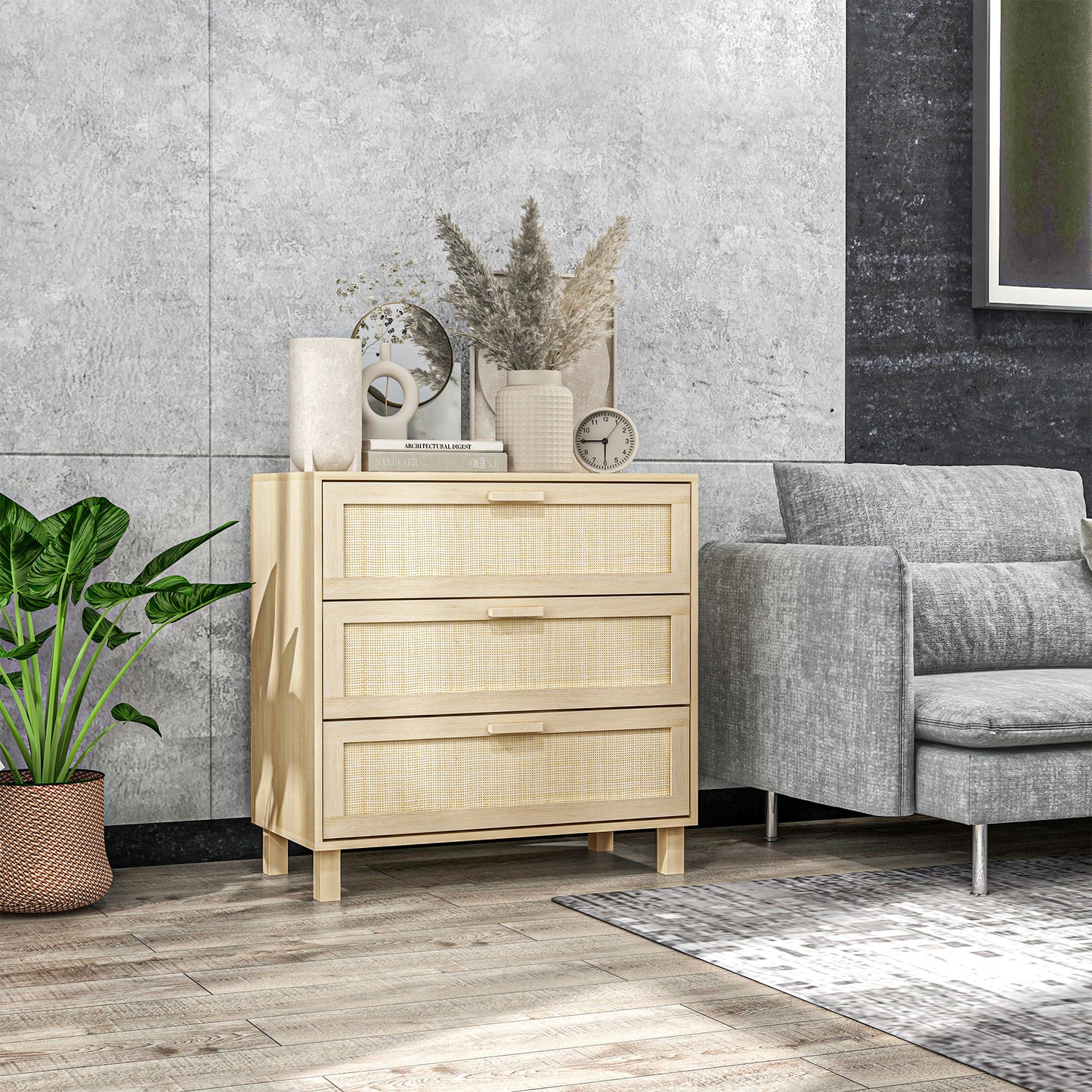 HOMCOM Chest Of Drawers And Nightstands Boho Rattan Furniture Set Natural Wood Finish