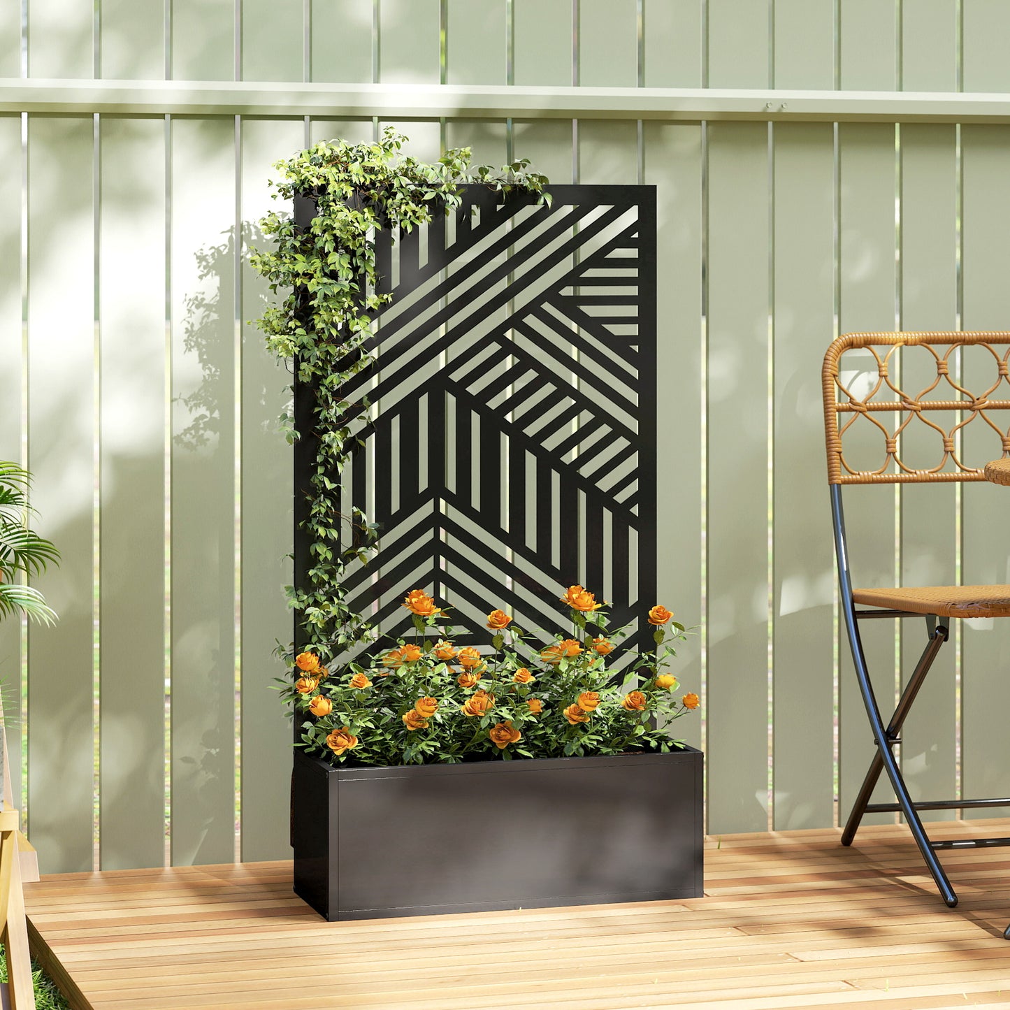 Outsunny Metal Raised Garden Bed With Trellis And Privacy Screen, Geometric Slatted Cut Out Planter Box