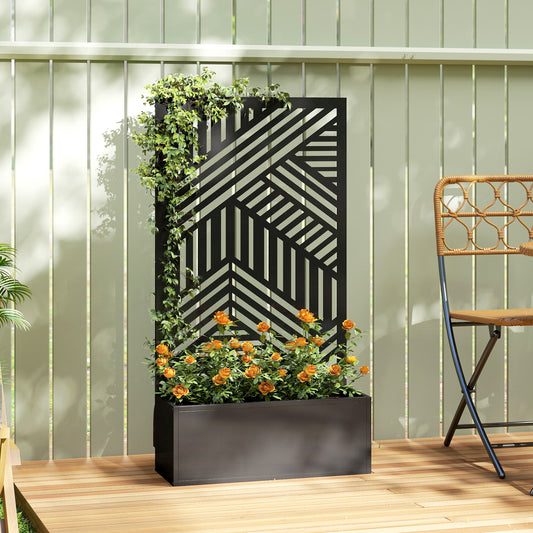 Outsunny Metal Raised Garden Bed With Trellis And Privacy Screen, Geometric Slatted Cut Out Planter Box