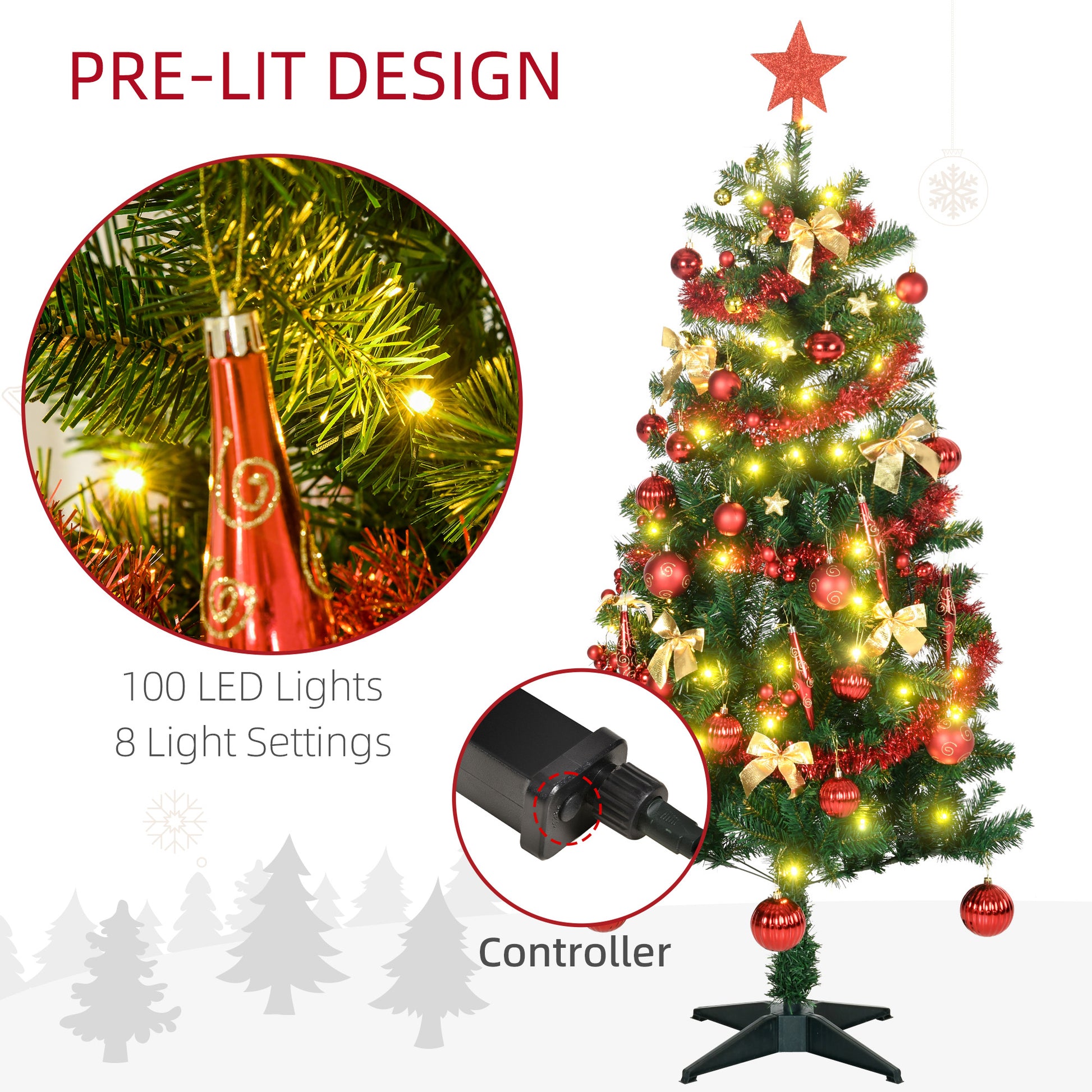 HOMCOM 5ft Prelit Artificial Christmas Tree with Warm White LED Lights, Tinsel, and Ornaments | Festive Holiday Decor - ALL4U RETAILER LTD