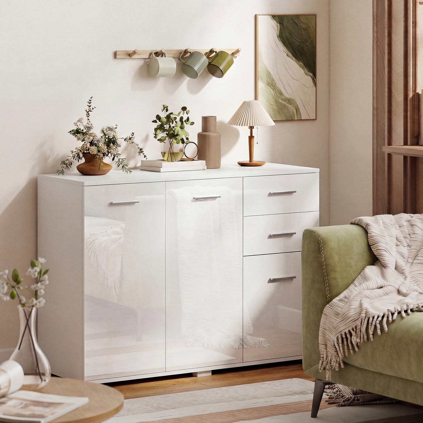 HOMCOM Sideboard Modern Storage Cabinet With Two Drawers Three Doors And Adjustable Shelves High Gloss White
