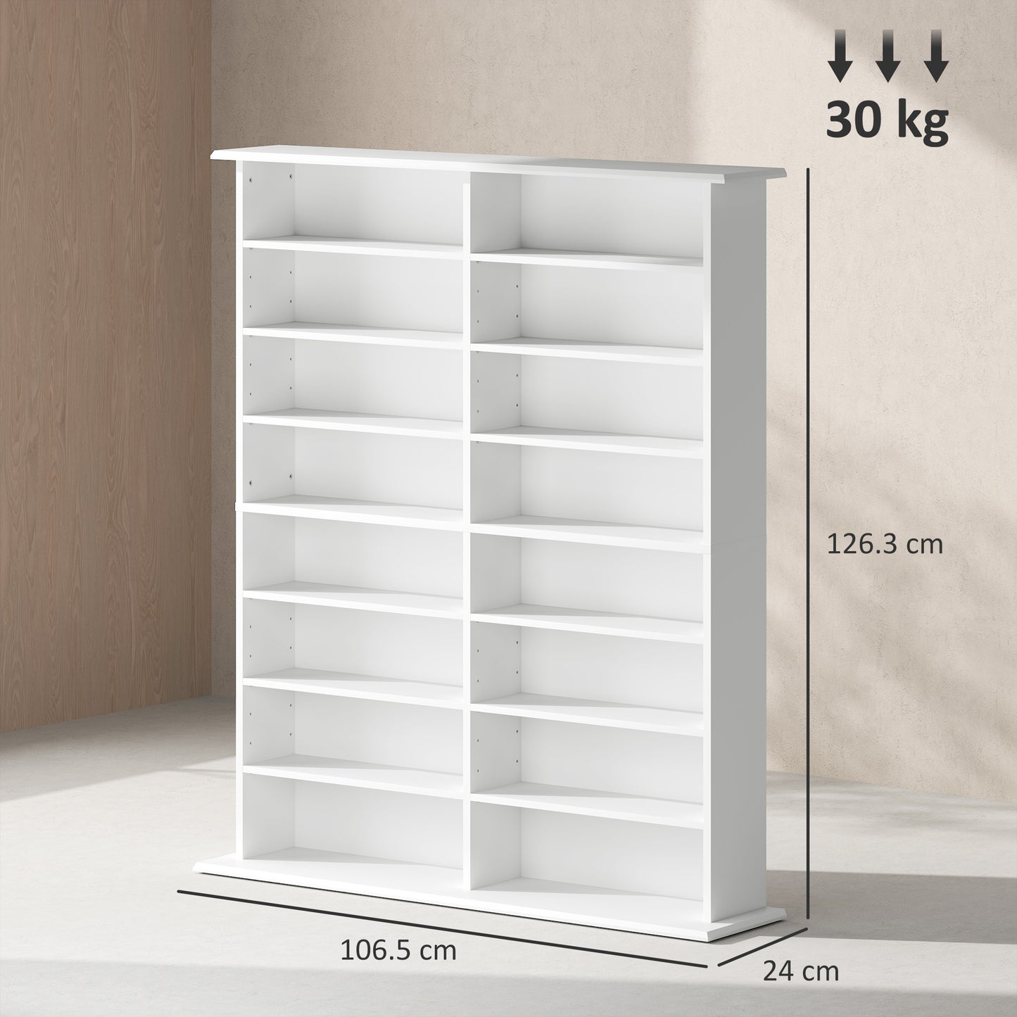 HOMCOM 16 Compartment White Media Shelf With 12 Adjustable Shelves For CDs DVDs Blu Rays Wall Straps Included