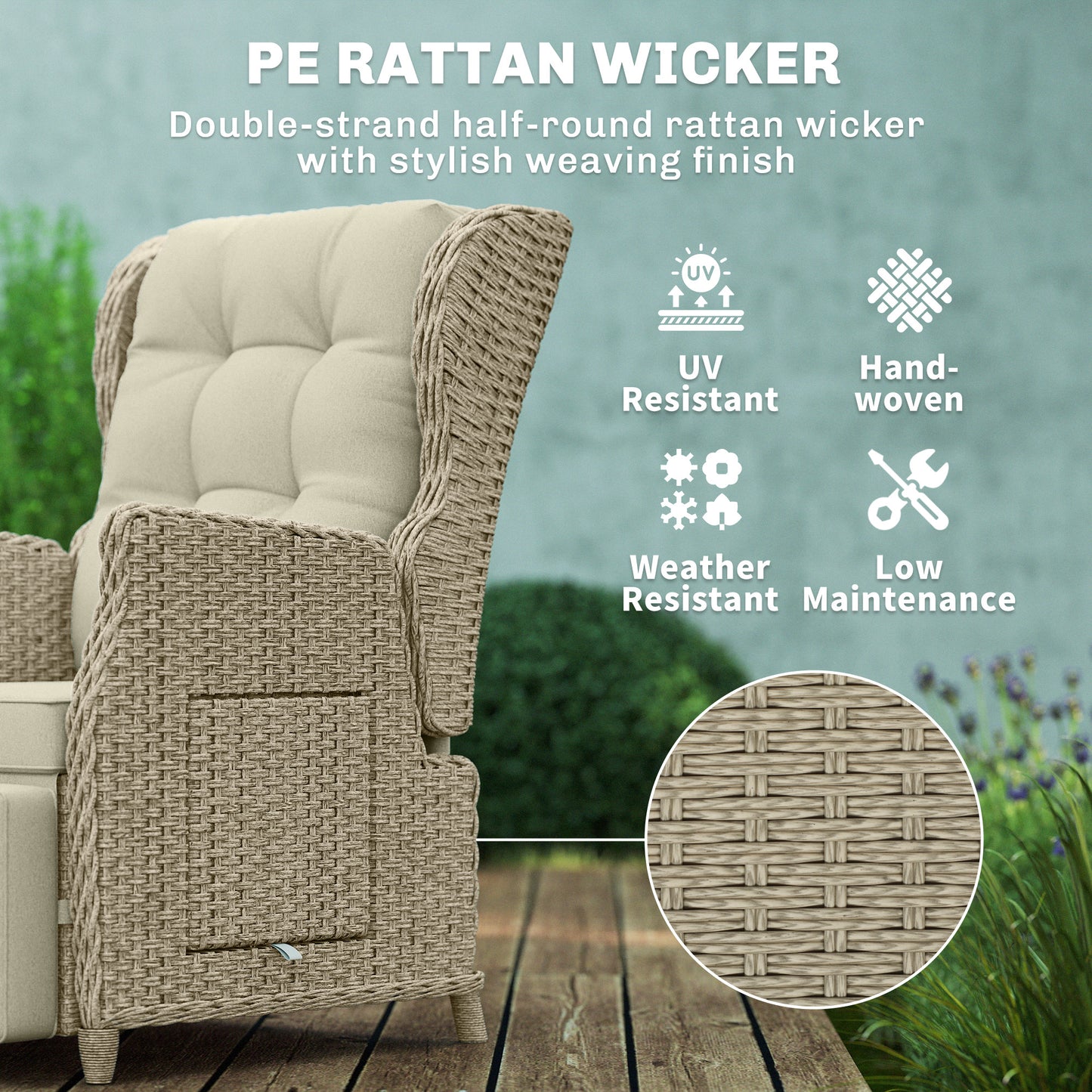Outsunny Rattan Garden Recliner Chair With Adjustable Back And Footrest Flip Table And Cushion Brown