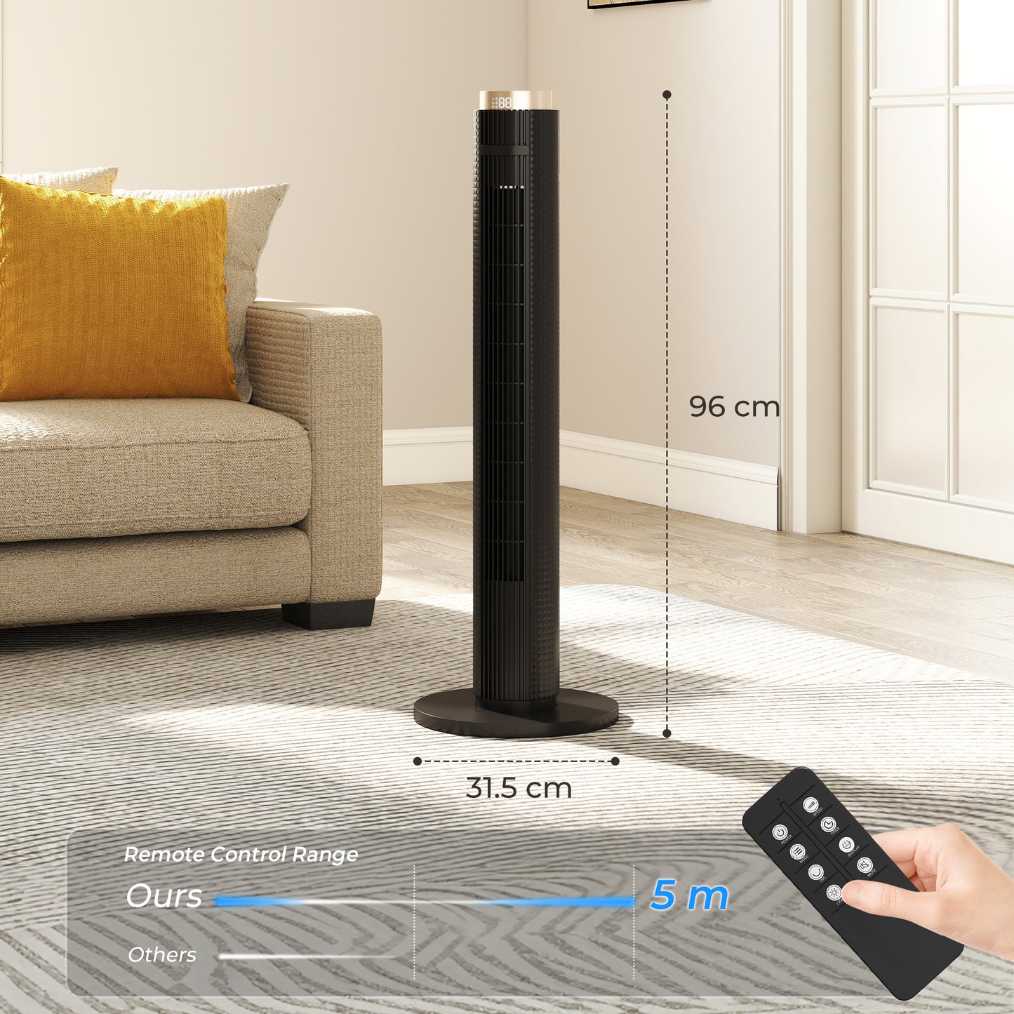 HOMCOM Tower Fan With WiFi App Control Standing Floor Fan 3 Speeds 4 Modes 12 Hour Timer Night Light Black