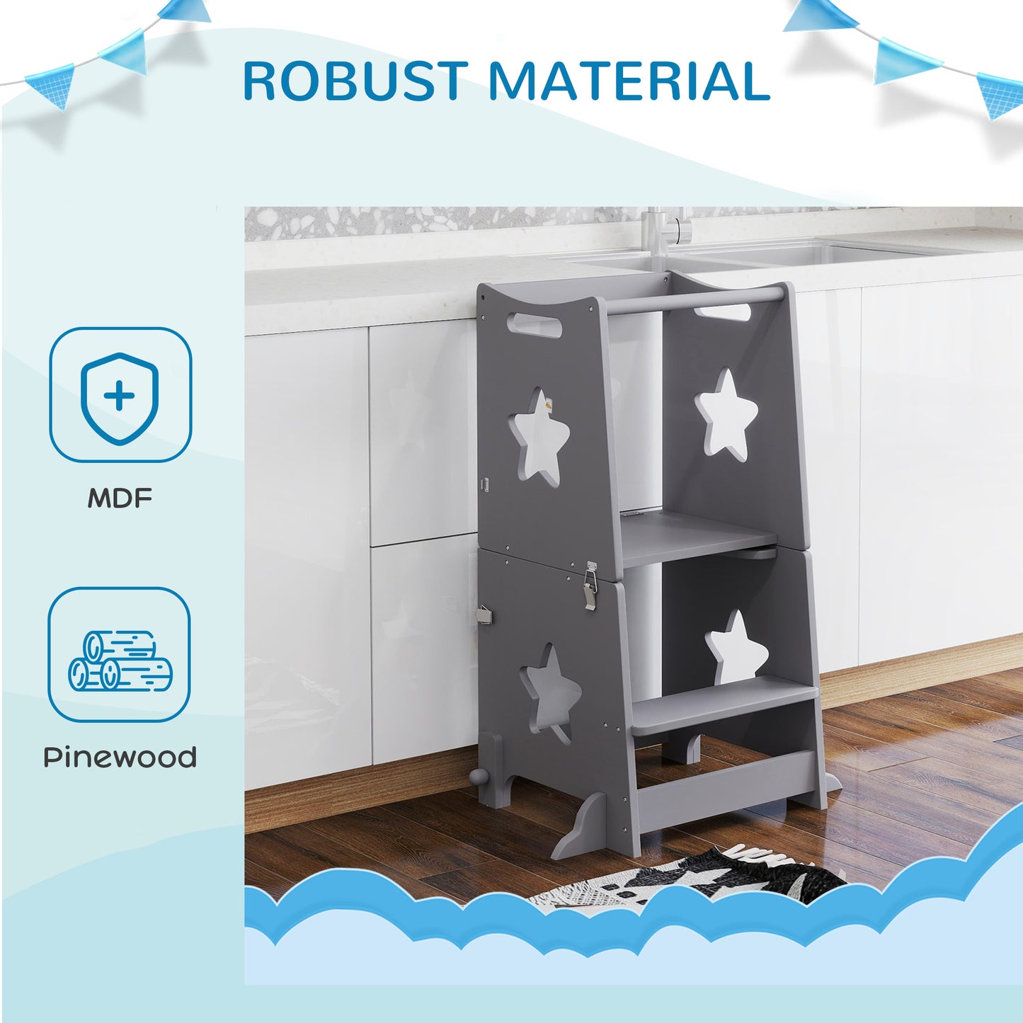 AIYAPLAY 2-In-1 Toddler Step Stool With Safety Rail For Kitchen And Bathroom Grey