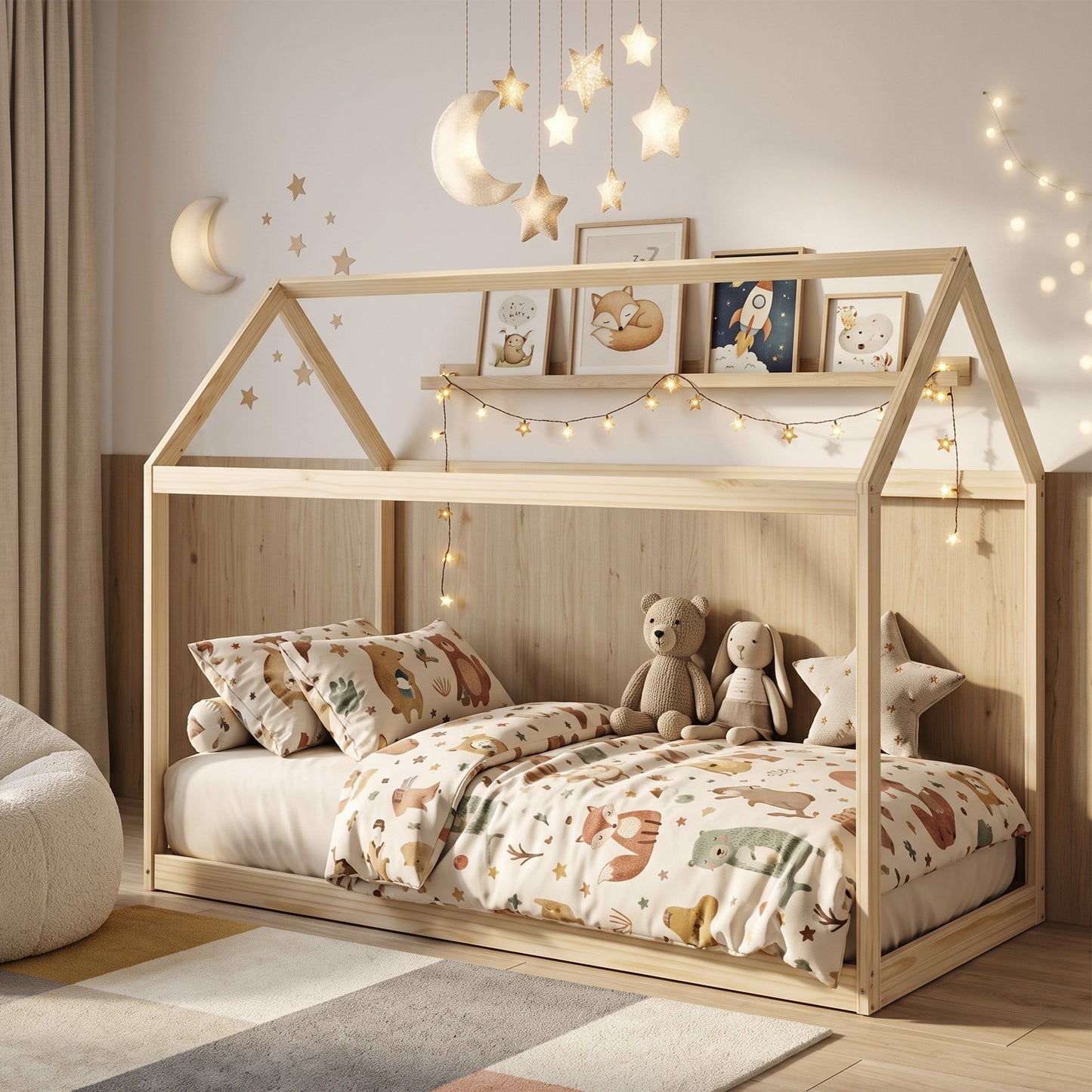 HOMCOM Single Bed Frame House Shaped Scandinavian Wooden Bed Frame for 90W x 190Dcm Mattress Pine Wood Natural Finish