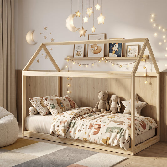 Pine house-shaped single bed frame with canopy and fairy lights, includes guard rails