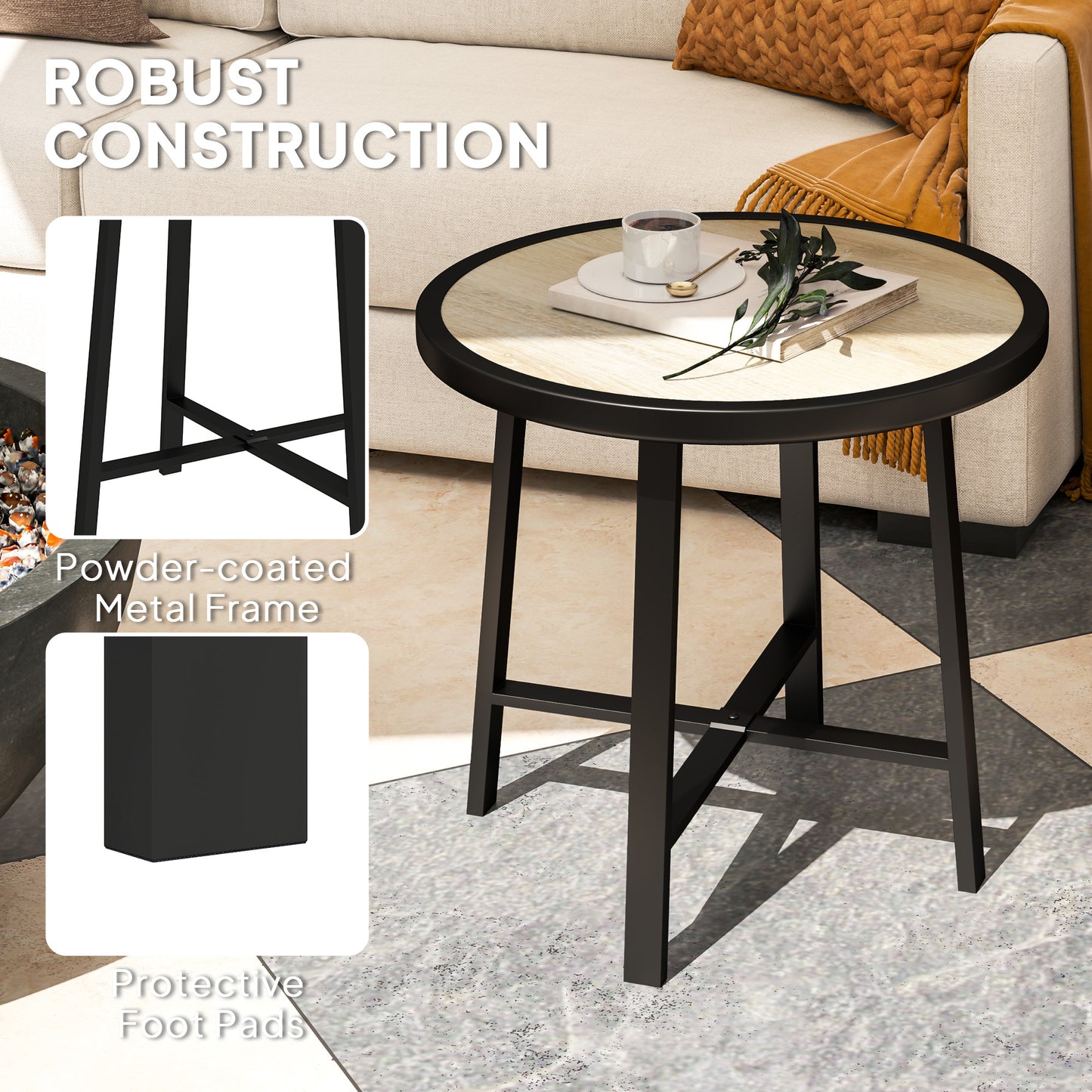 Outsunny Round Garden Table 50.5cm With SPC Tabletop And Metal Frame Anti Slip Feet Nature Wood Finish Outdoor Balcony