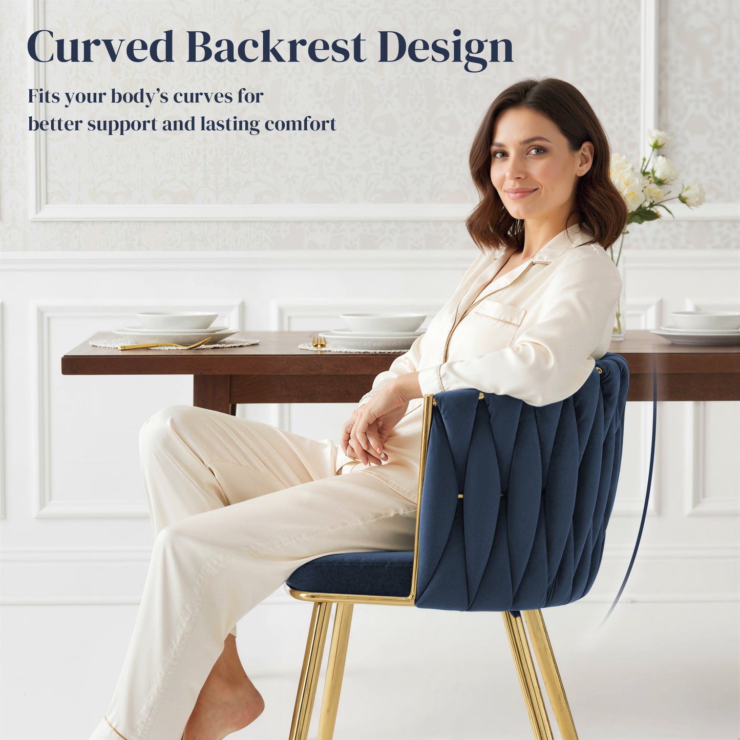 HOMCOM Velvet-Feel Dining Chairs Set of 2 with Knot Back and Gold Legs, Dark Blue