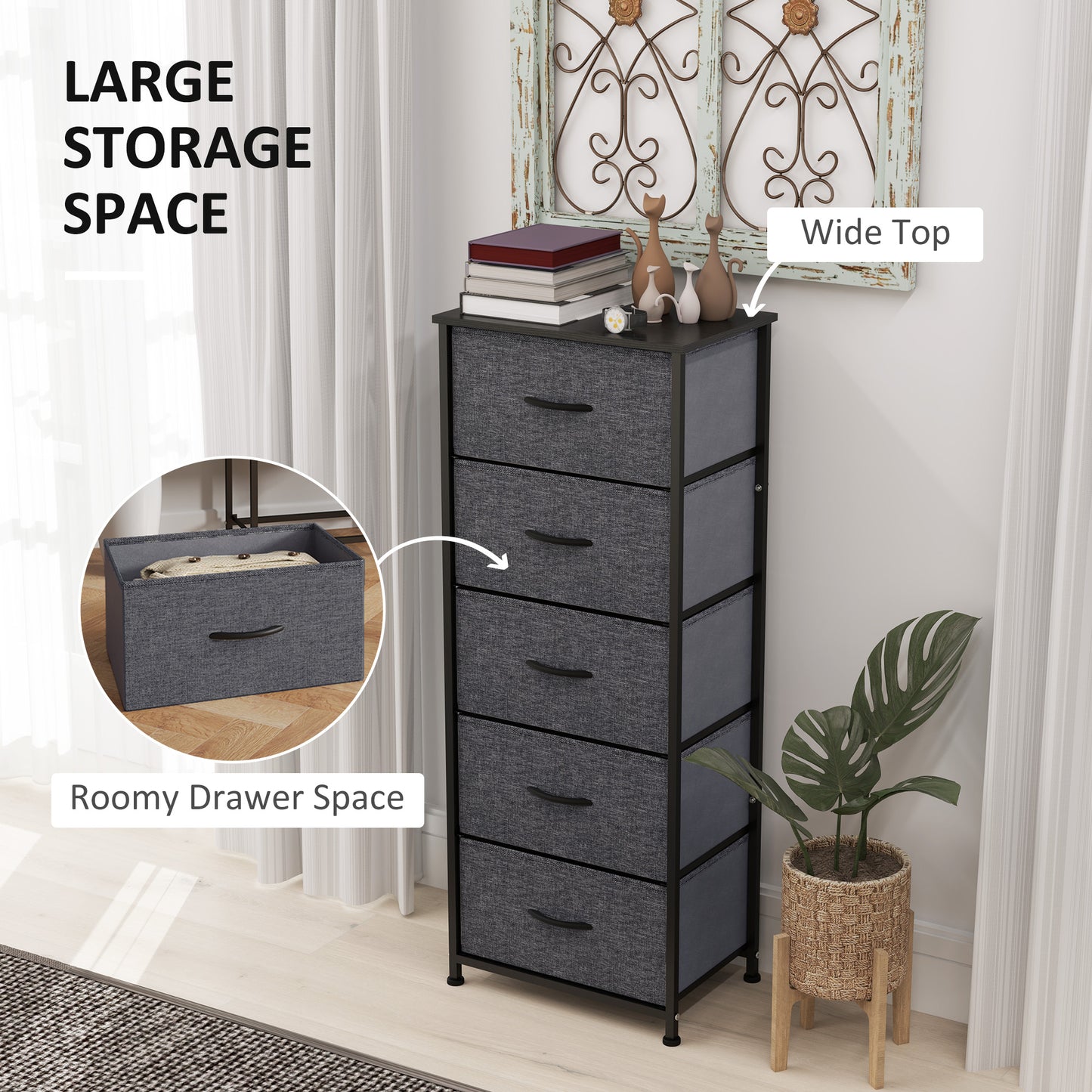 HOMCOM Fabric Chest of Drawers With 5 Fabric Drawers Industrial Steel Frame And Wooden Top Dark Grey