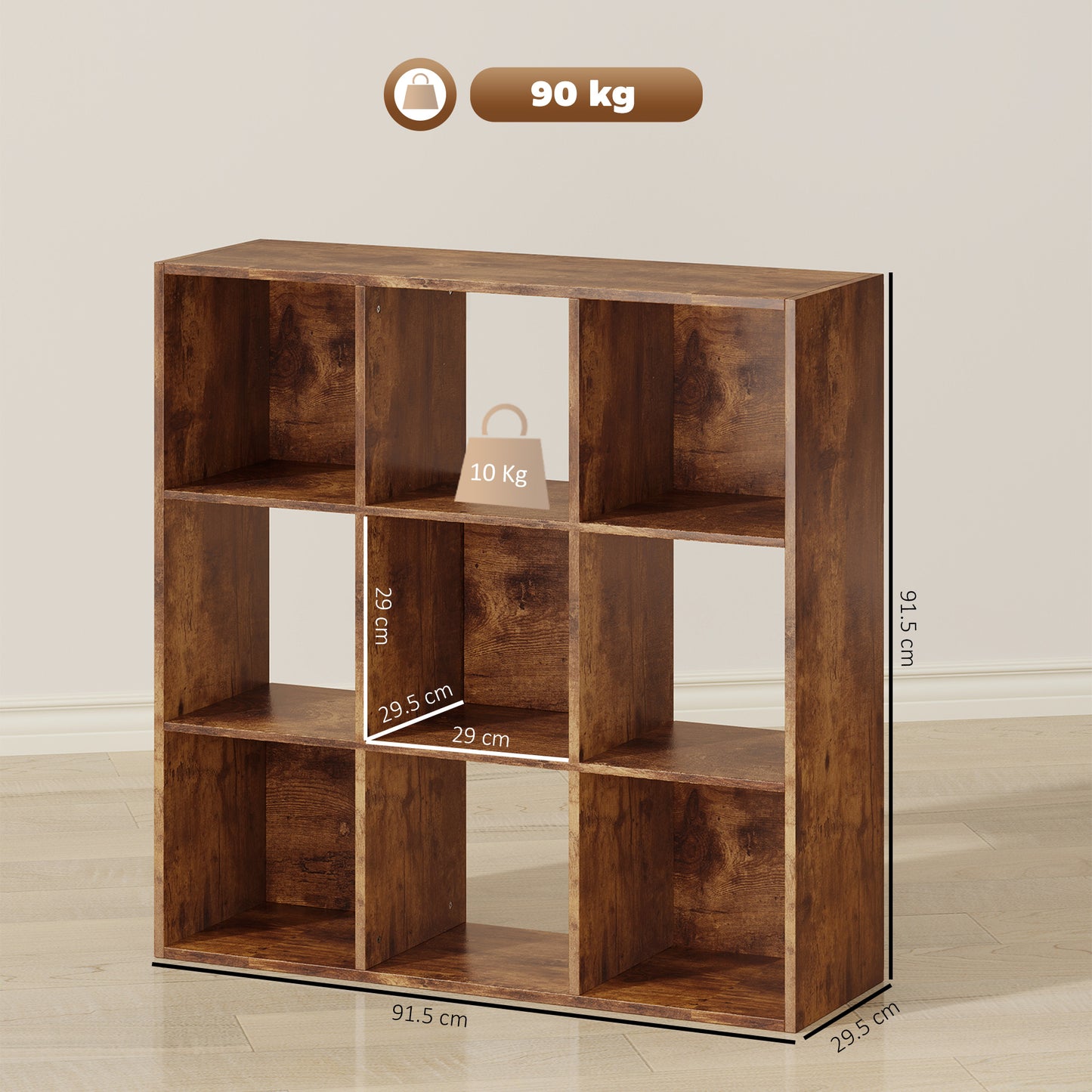 HOMCOM 3 Tier 9 Cube Storage Unit Rustic Brown Particle Board Bookcase Organizer For Home Office Shelves