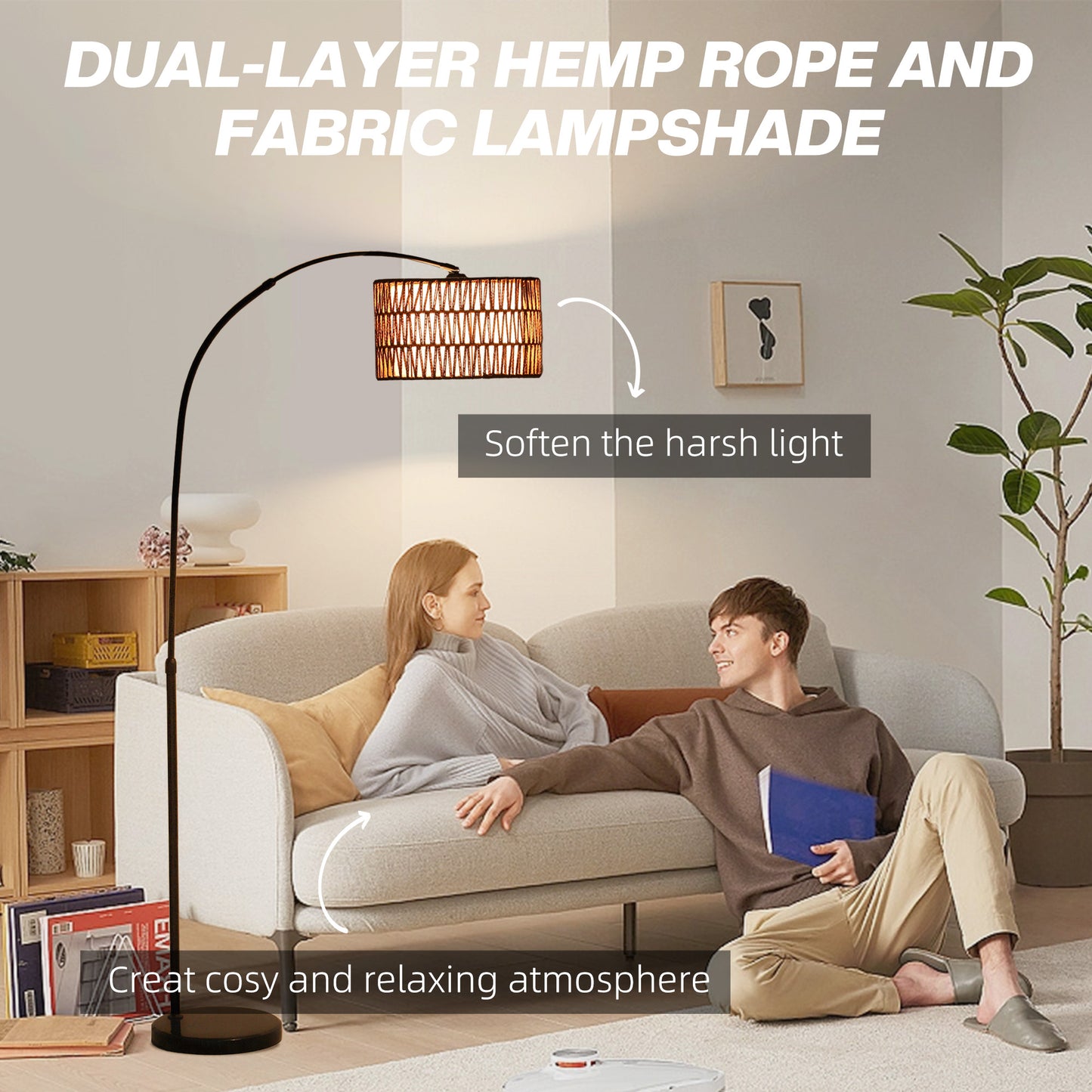 HOMCOM Rattan Floor Lamp Arc Farmhouse Standing Lamp With Dual Layer Shade Foot Switch Height Adjustable Black