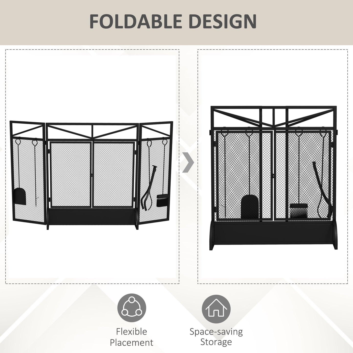 HOMCOM 3 Panel Folding Fire Guard with Tool Doors Fire Screen Spark Guard - ALL4U RETAILER LTD