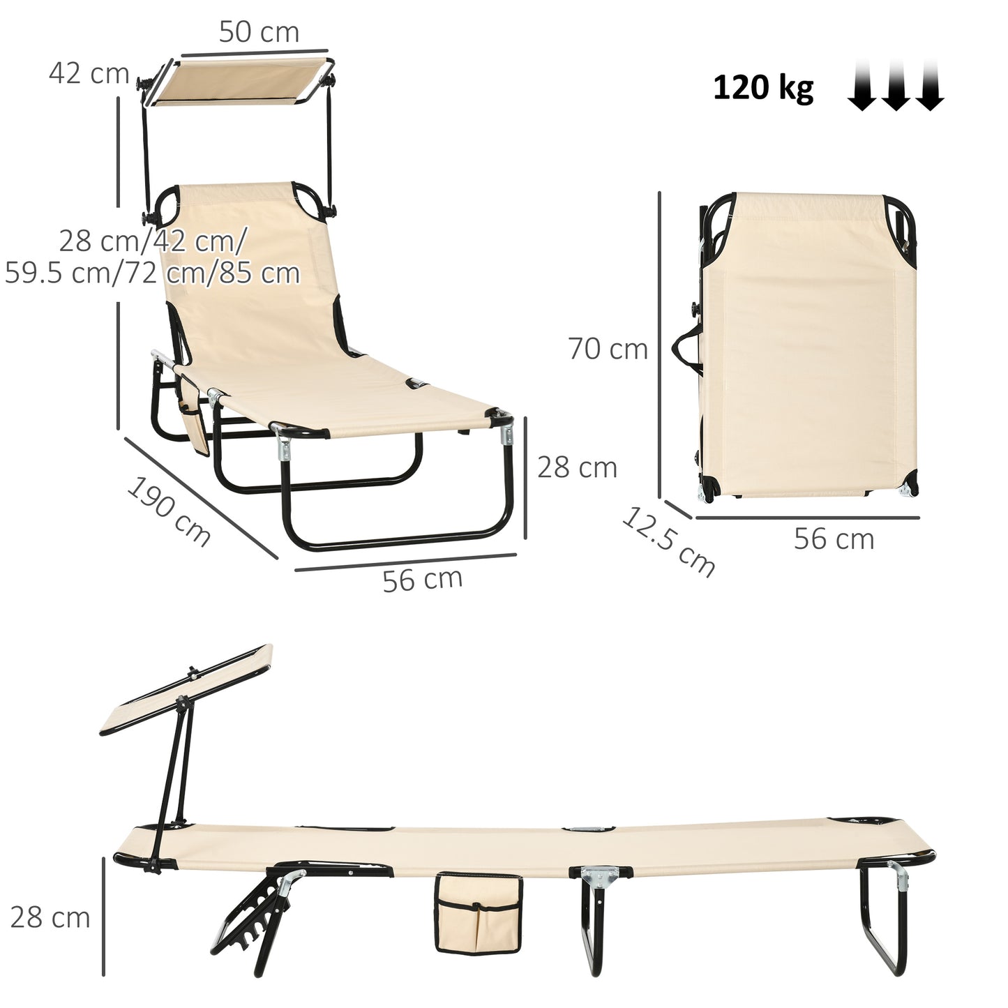 Outsunny Folding Sun Loungers With Canopy Adjustable Recliners Side Pocket Steel Frame For Pool Beach Garden Tan Brown