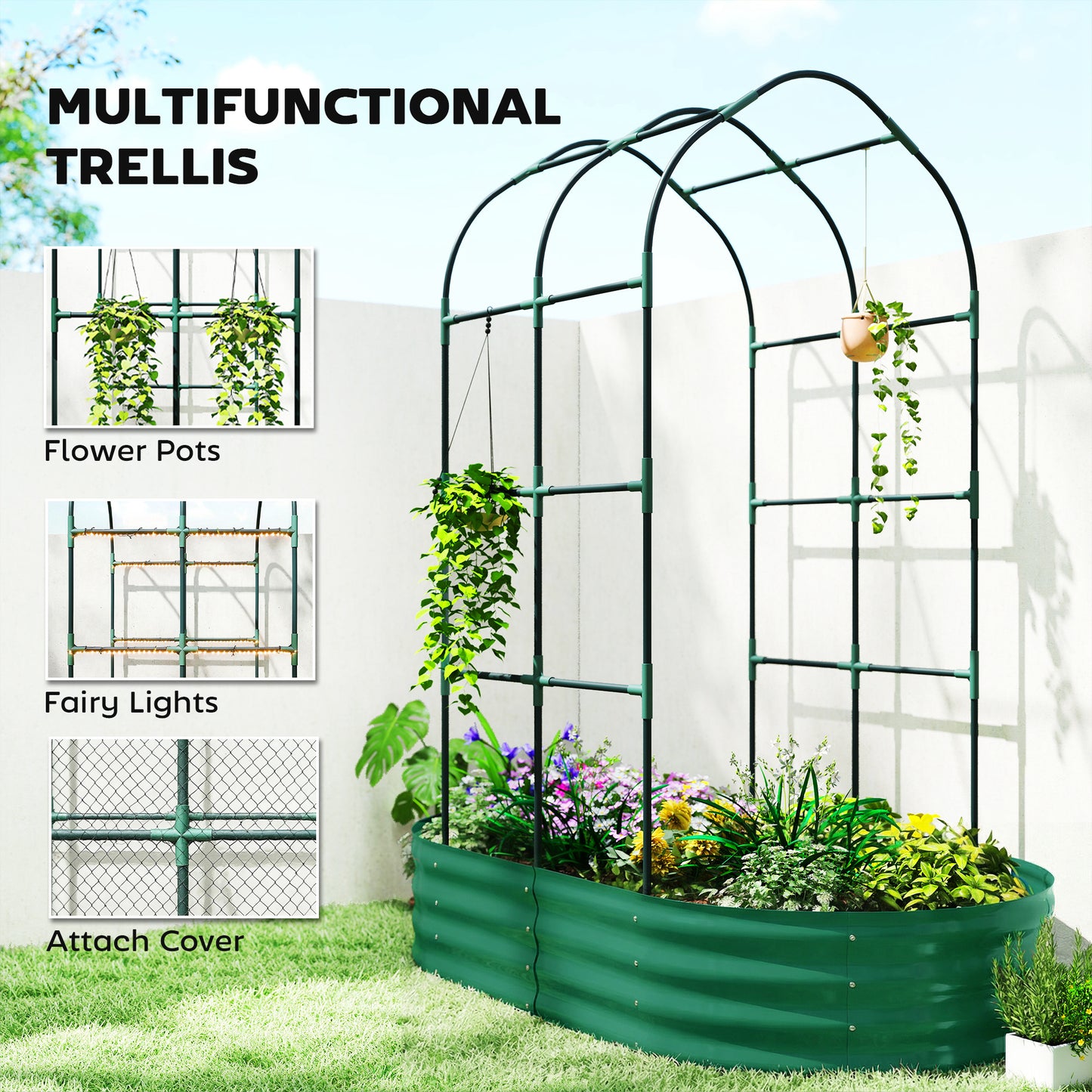 Outsunny Galvanised Raised Garden Bed With Arched Trellis 5x3x6 Ft Open Bottom Metal Garden Bed Green