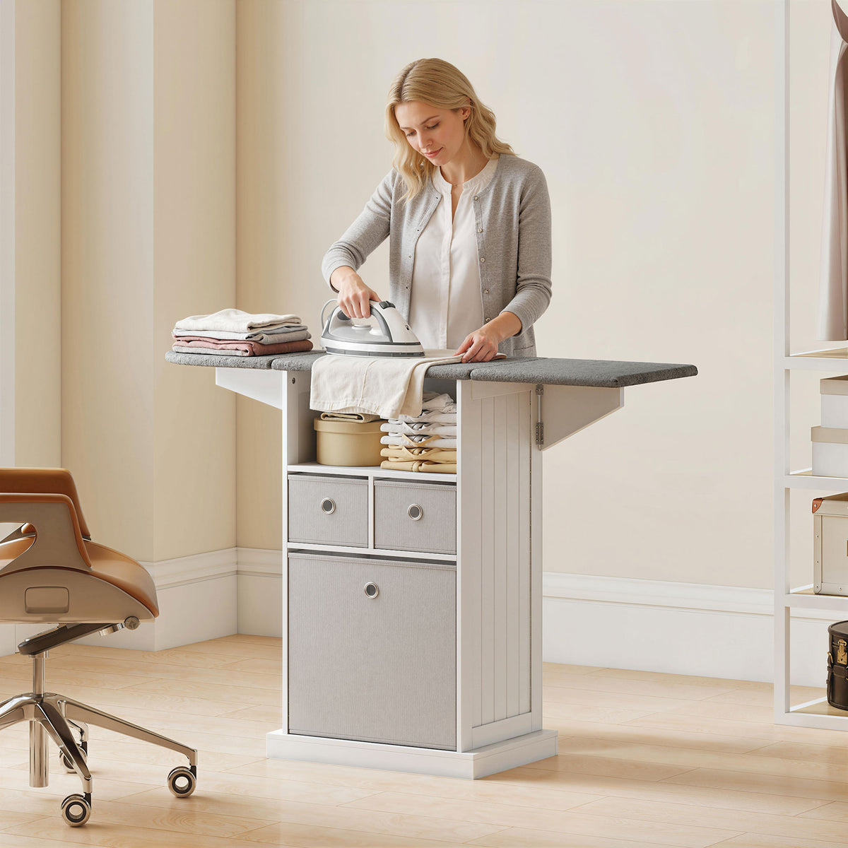 HOMCOM Mobile Ironing Board Cabinet With Wheels, Foldable Top, White