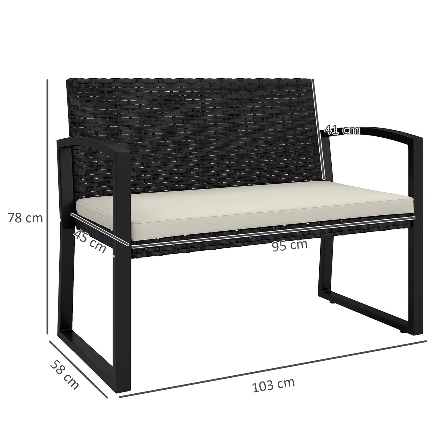 Outsunny Two Seater Rattan Garden Bench Beige Cushioned Seat With Powder Coated Steel Frame
