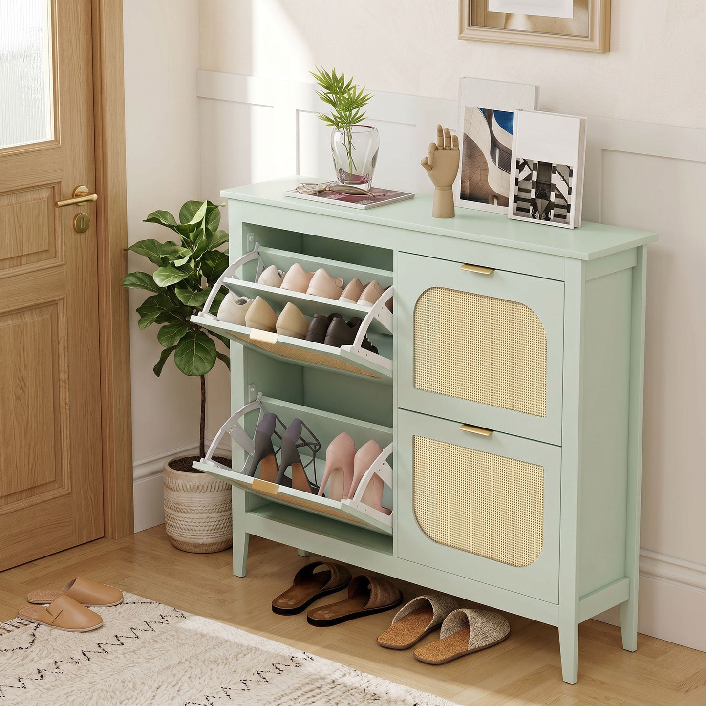 HOMCOM Narrow Boho Slim Shoe Cabinet With 4 Flip Drawers Holds 20 Pairs Light Green Entryway Organizer