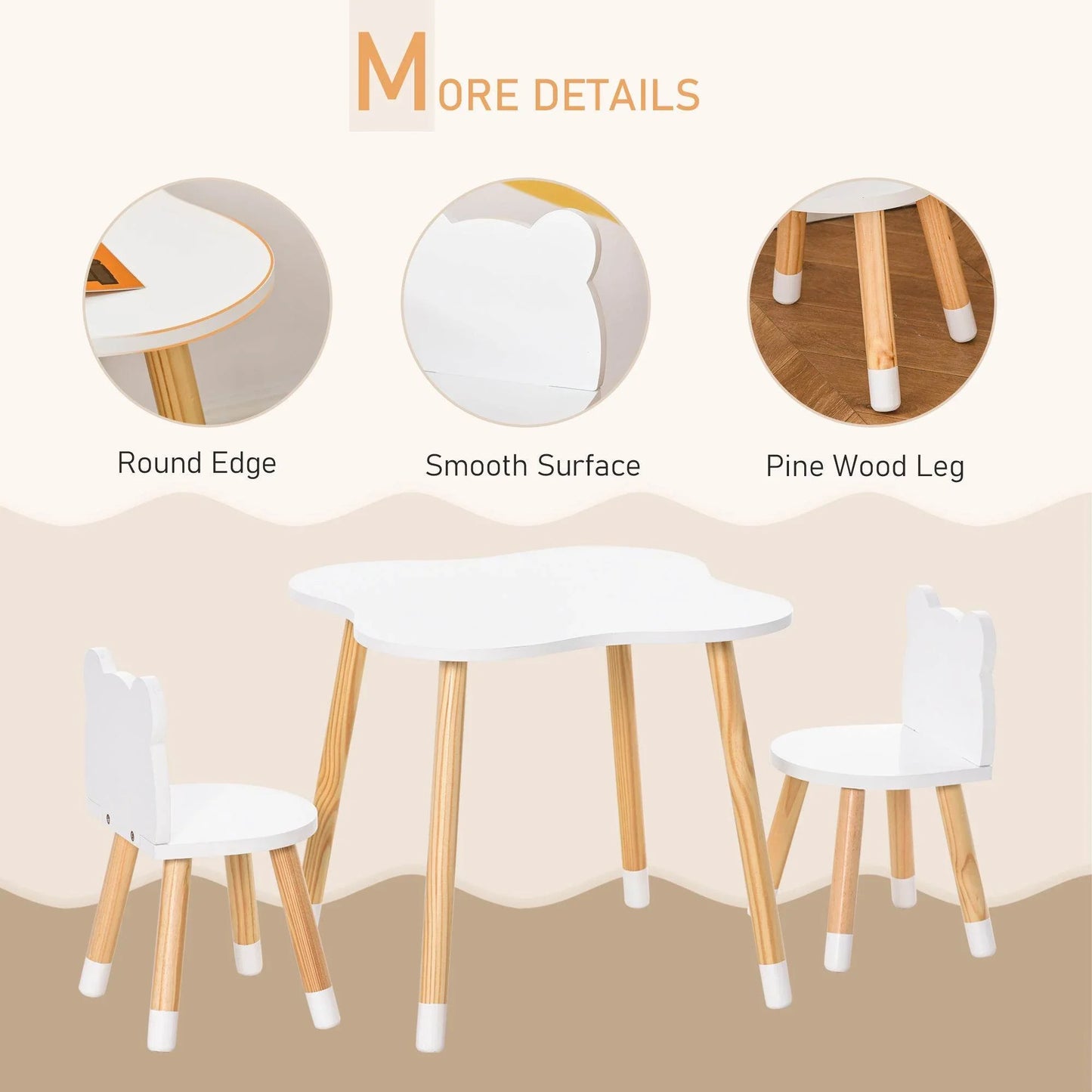 HOMCOM White 3-Piece Kids Table and Bear Chair Set for Toddlers - ALL4U RETAILER LTD
